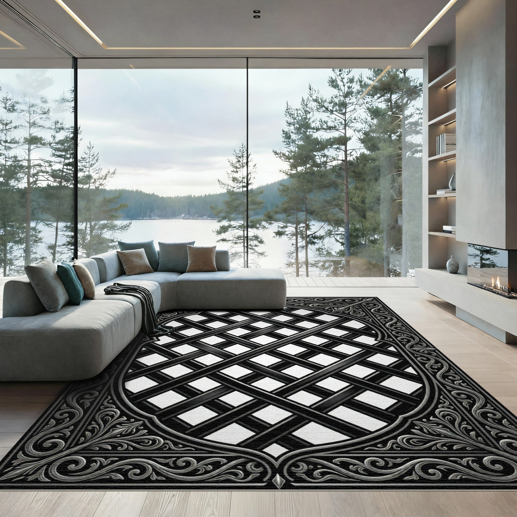 Ornate Black Intersecting Lattice Rug