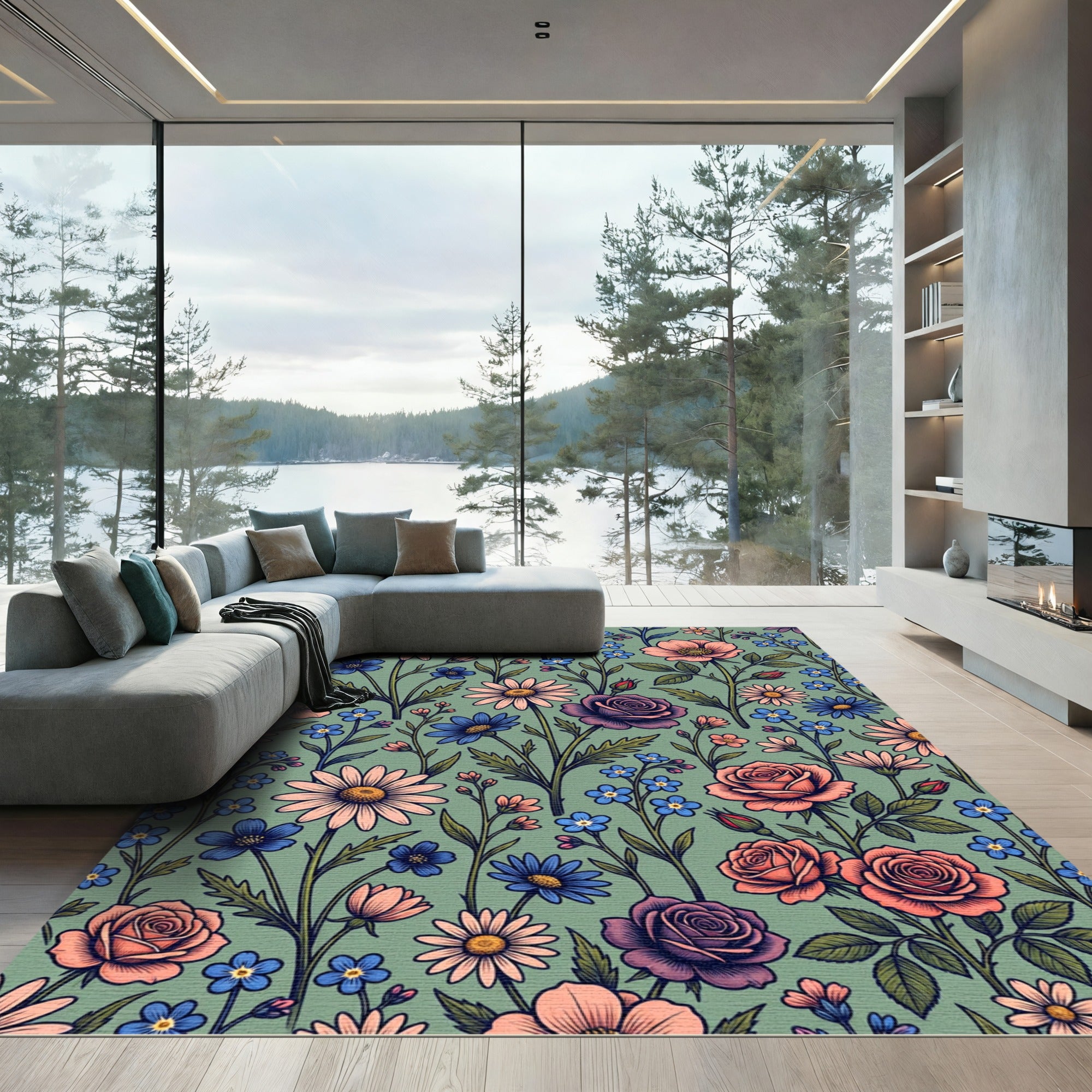 Sage Green Vintage Botanical Floral Arrangement Rug