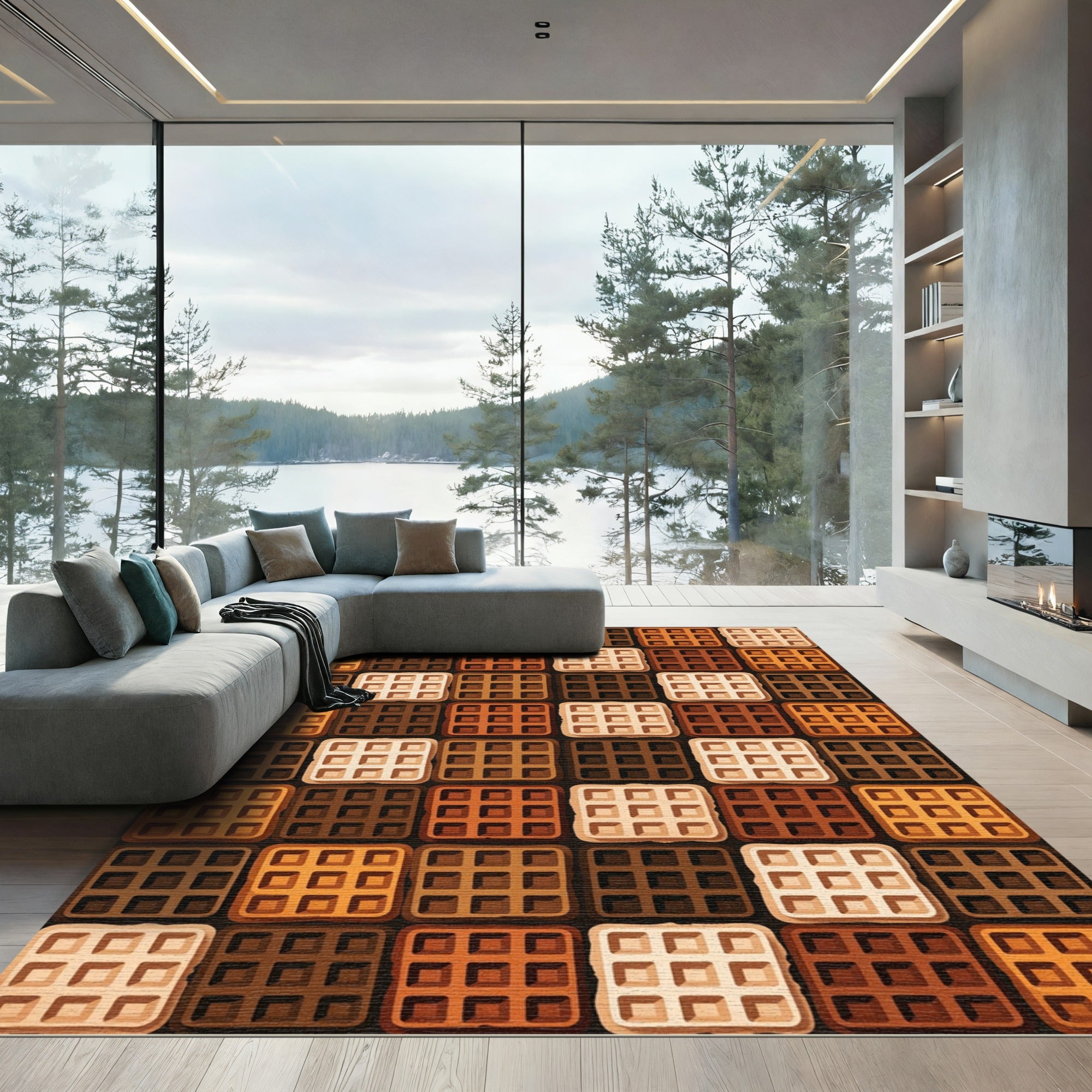 Geometric Waffle Grid Chocolate Color Block Rug