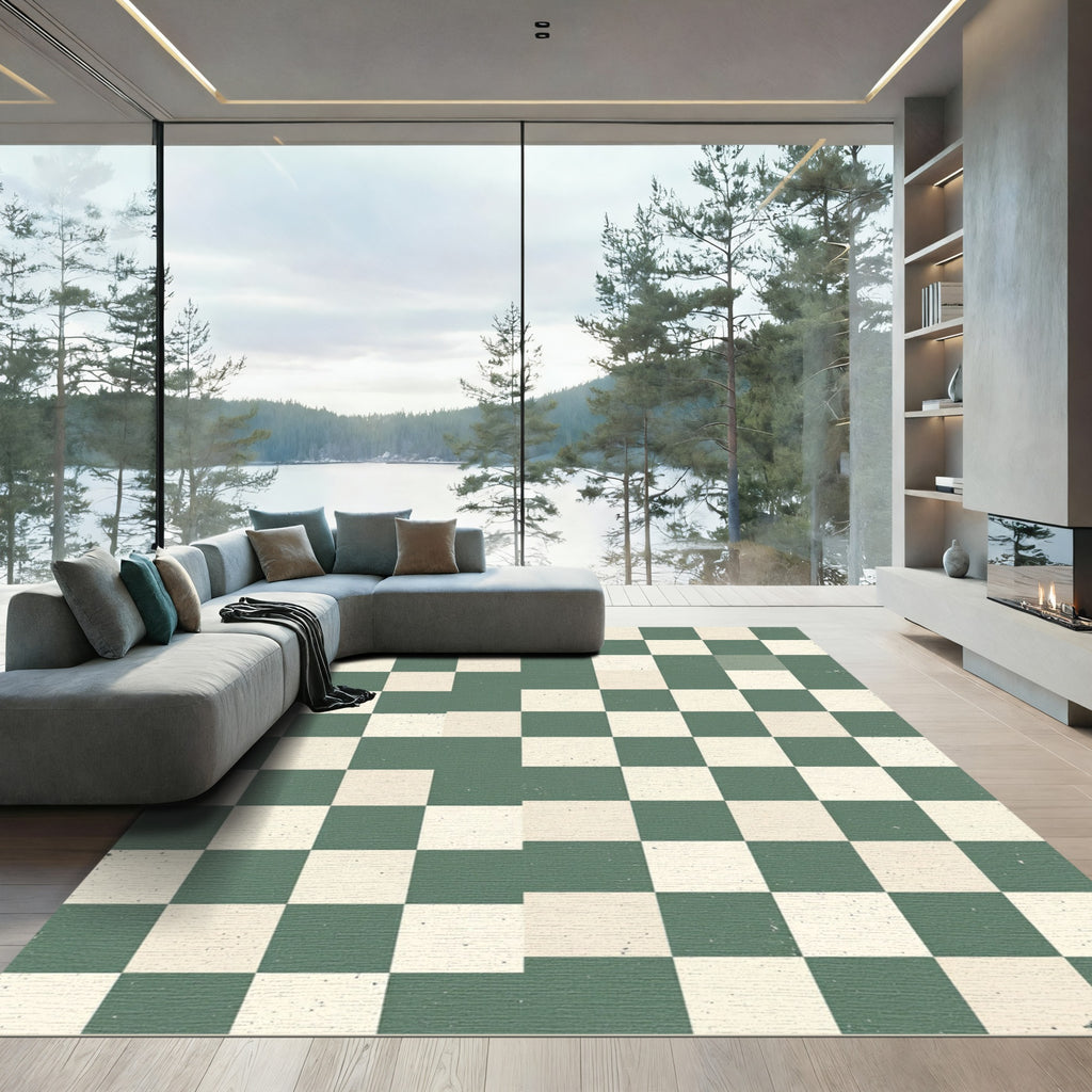 Sage Green and Cream Checkerboard Grid Rug