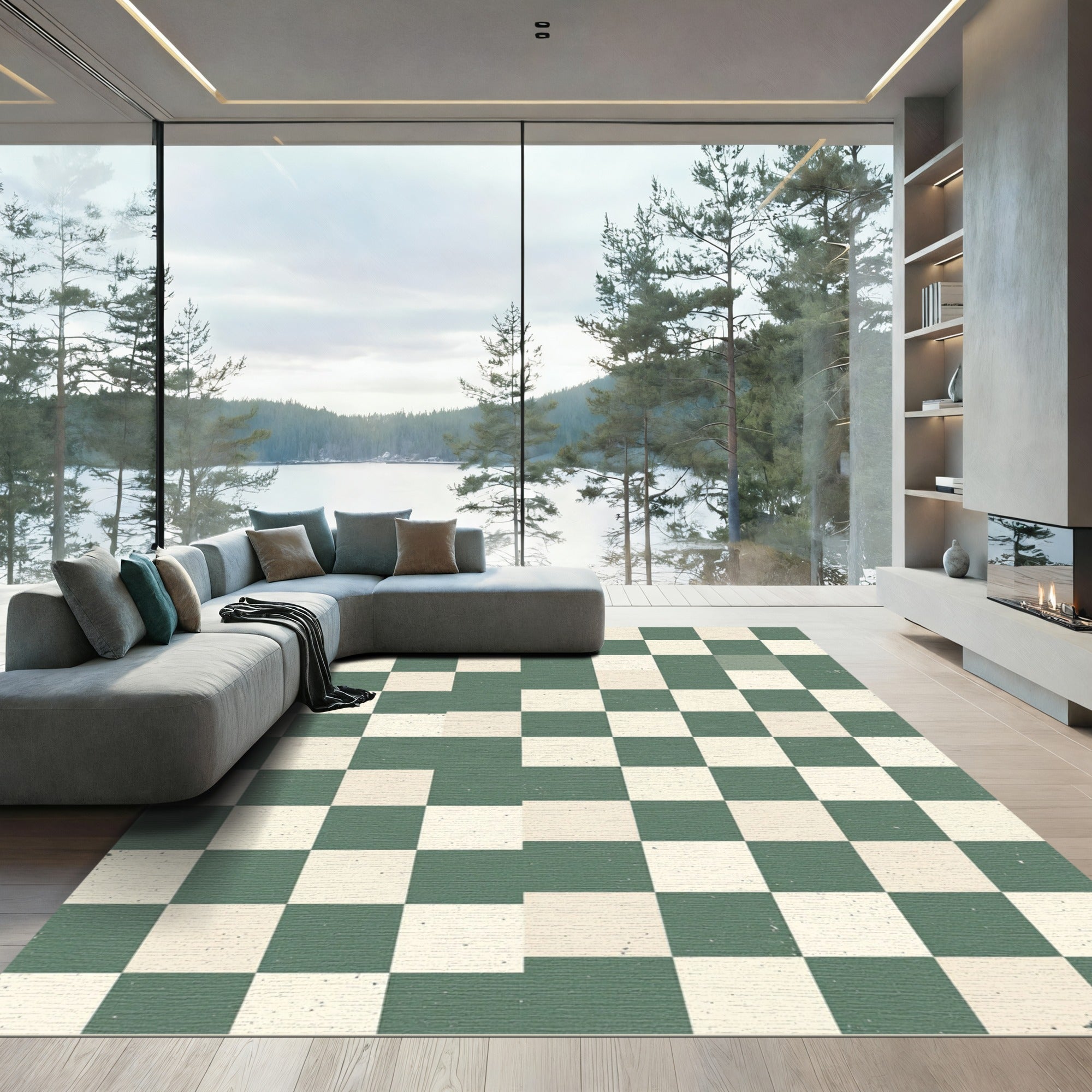 Sage Green and Cream Checkerboard Grid Rug