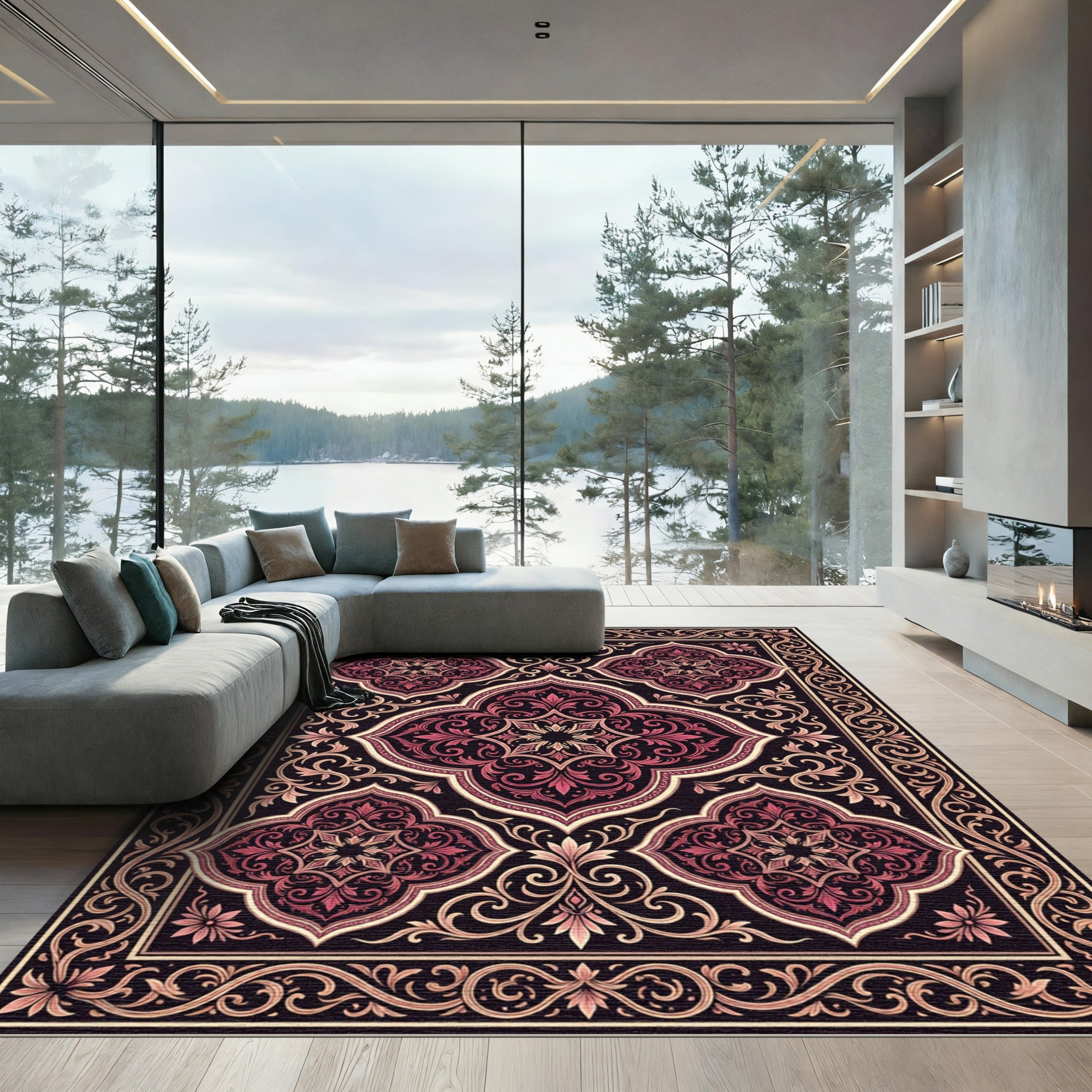 Crimson Quatrefoil Flourish Border Accent Rug