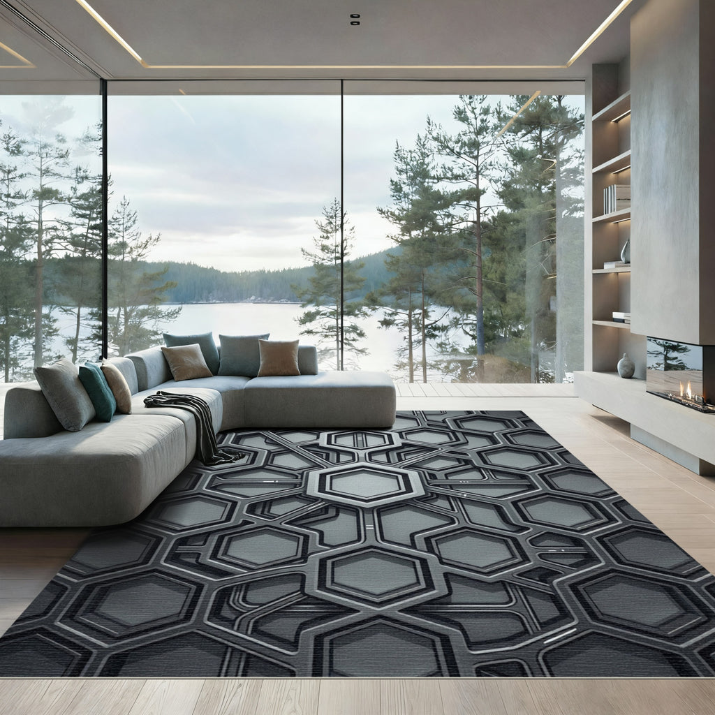Modern Silver Geometric 3D Hexagon Rug