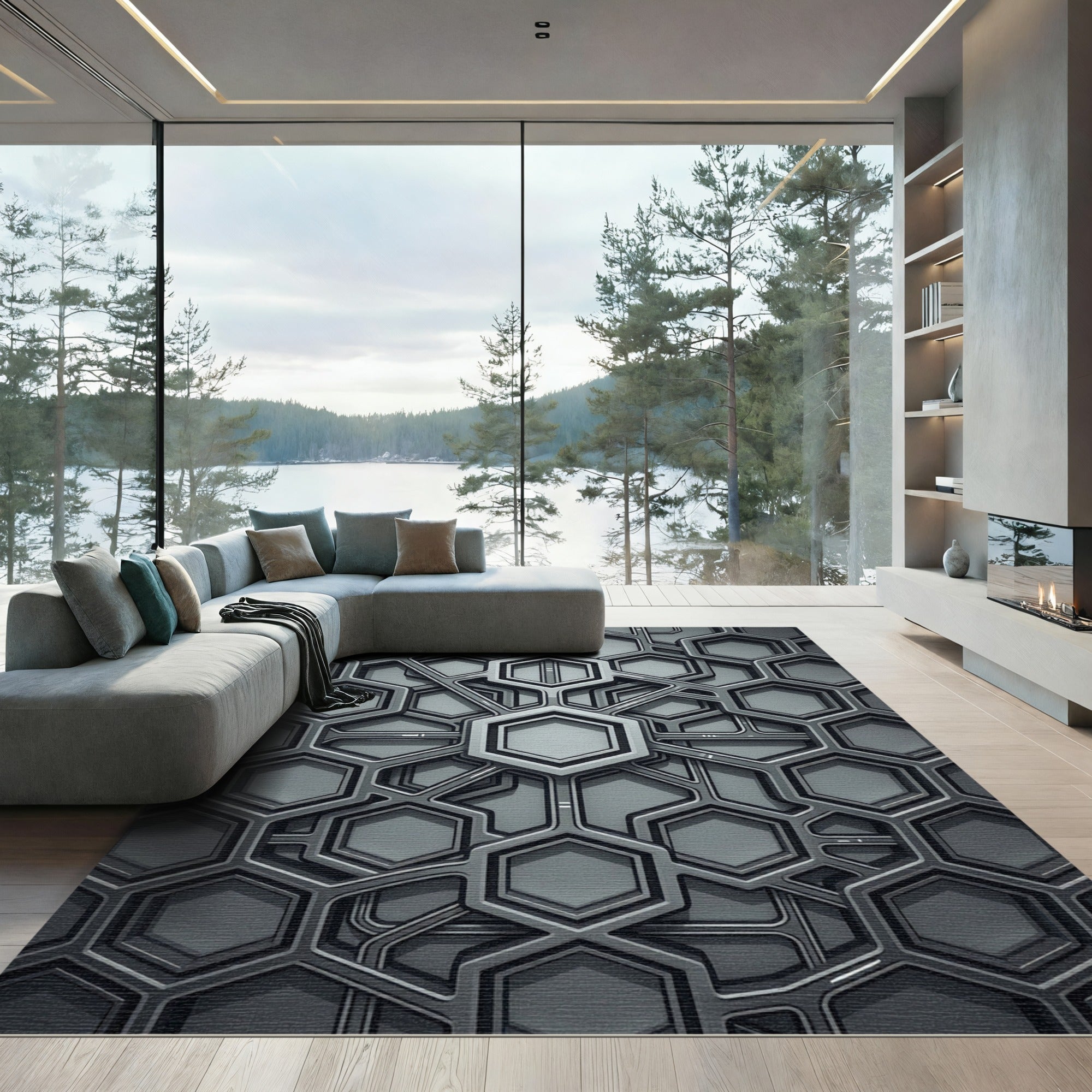 Modern Silver Geometric 3D Hexagon Rug