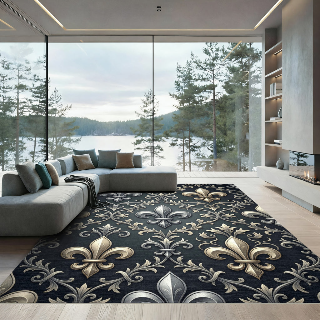 Ornate Silver Gold Fleur De Lis Rug