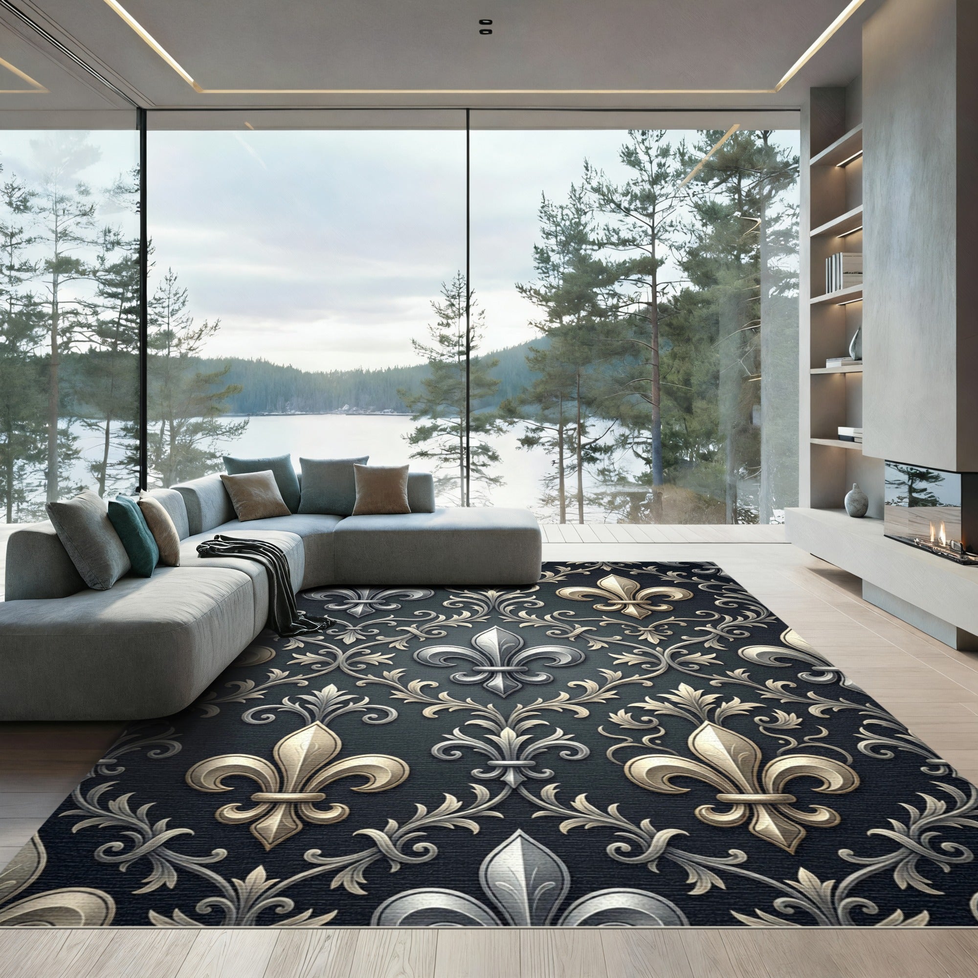 Ornate Silver Gold Fleur De Lis Rug