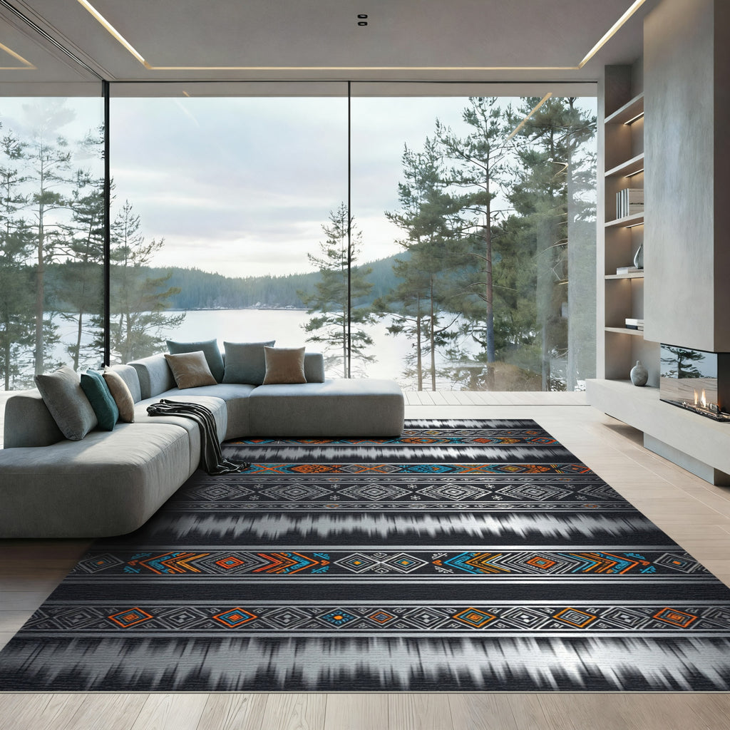 Bold Orange Blue Tribal Stripes Rug