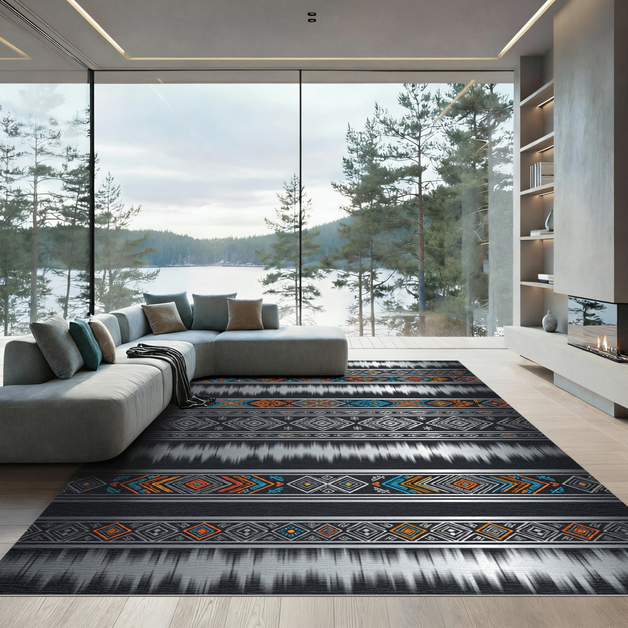 Bold Orange Blue Tribal Stripes Rug