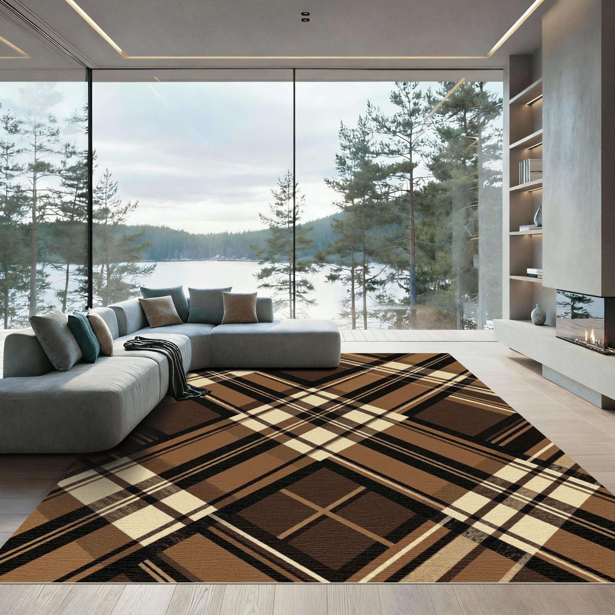 Brown Beige Black Plaid Lines Rug
