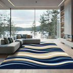 Contemporary Navy and Sand Wavy Stripes Rug