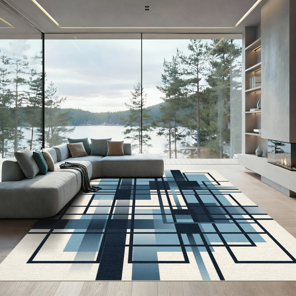 Modern Geometric Navy and Blue Grid Rug