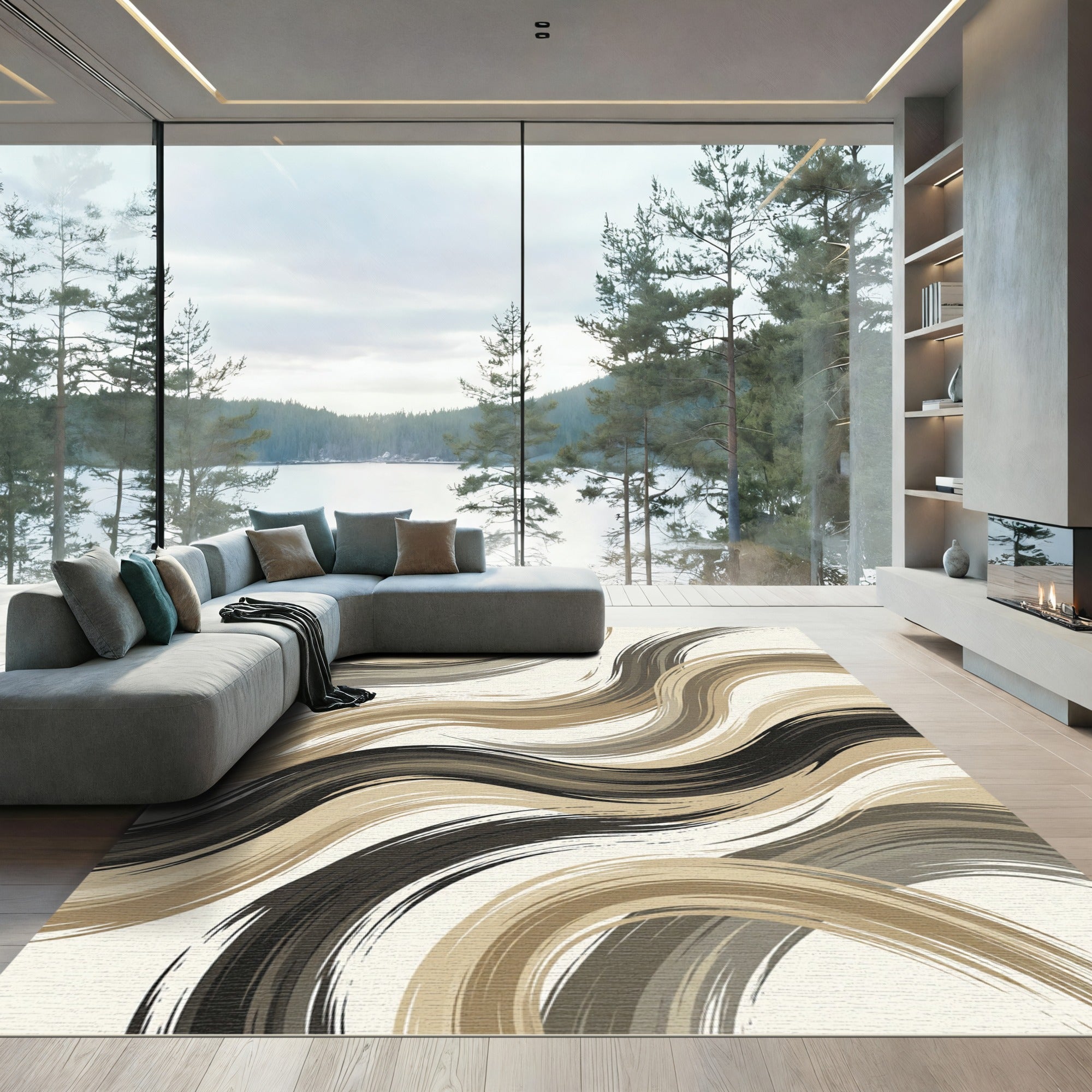 Modern Neutral Wavy Earth Tone Swirl Rug