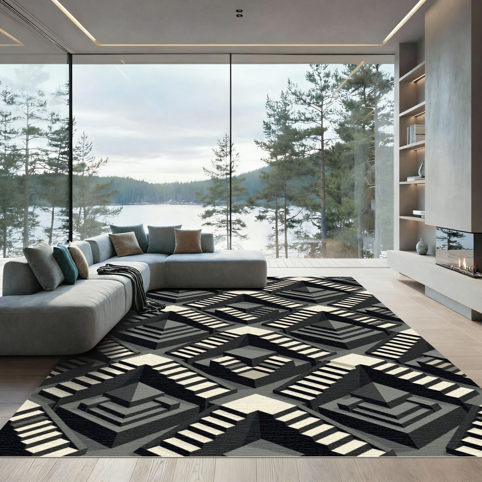 Monochromatic Isometric Stairway Maze Rug