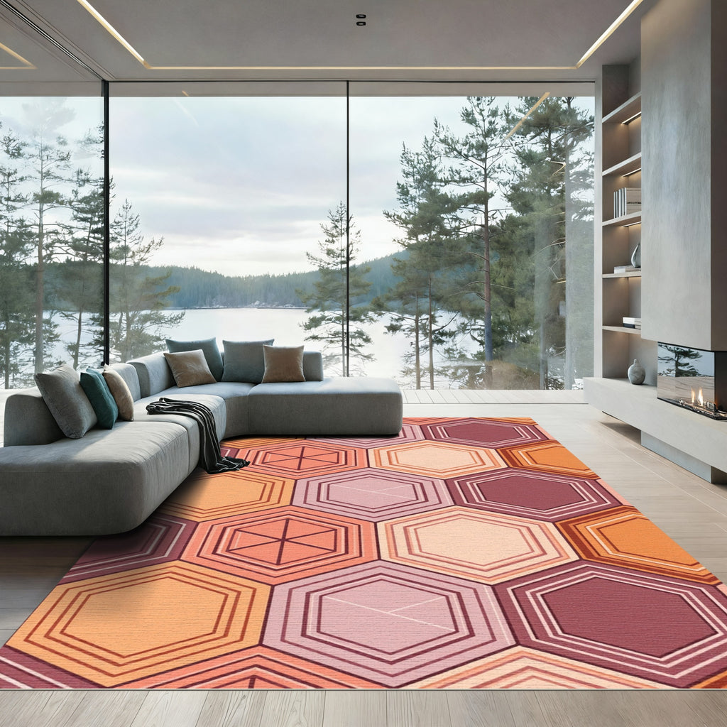 Warm Sunset Geometric Hexagon Mosaic Rug