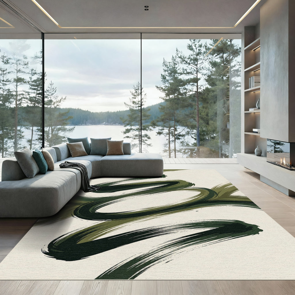 Modern Olive Green Abstract Swirl Rug