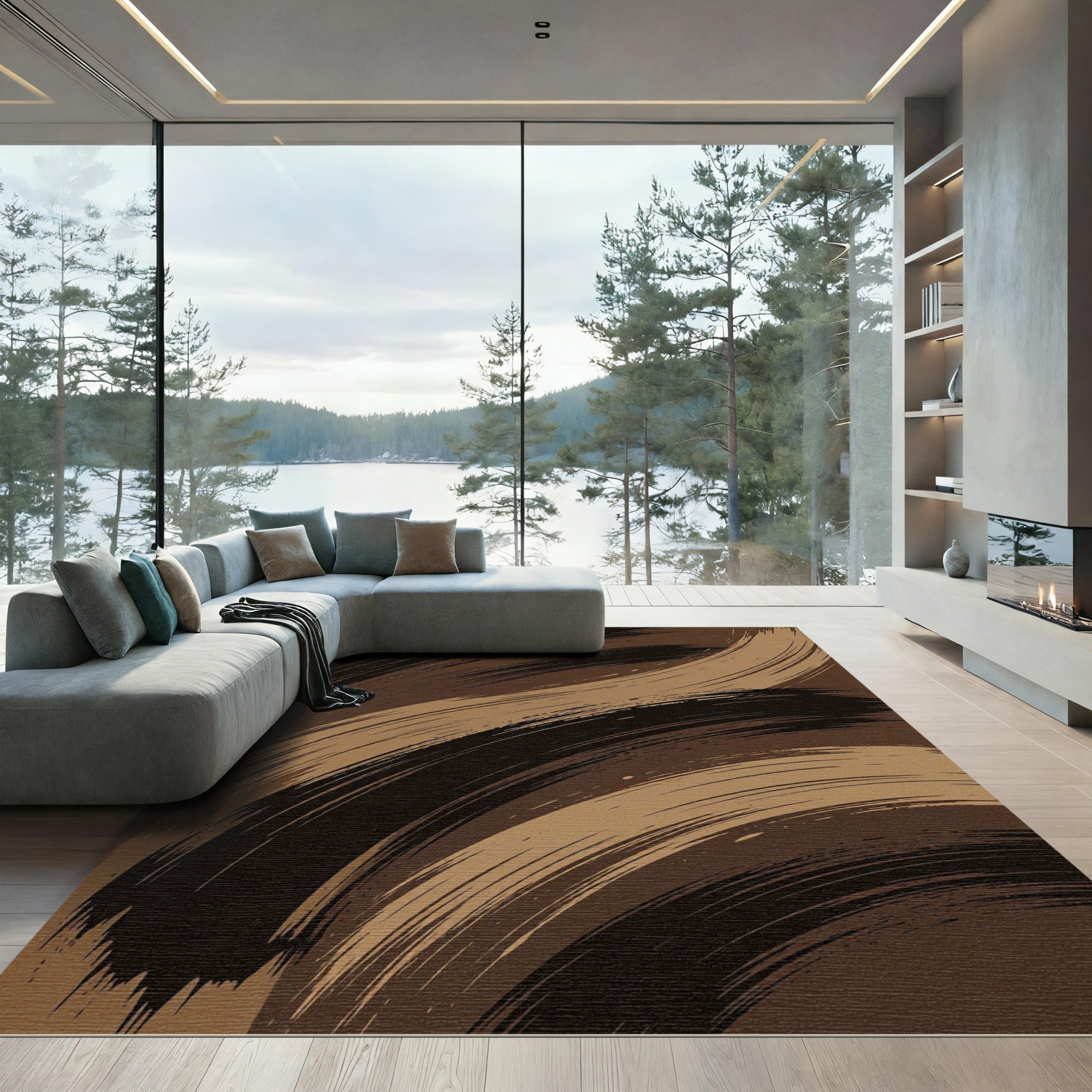 Moody Brown Abstract Brushstroke Swirl Rug