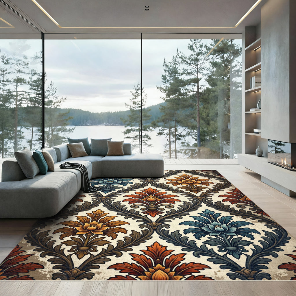 Antique Floral Damask Blue Orange Rug