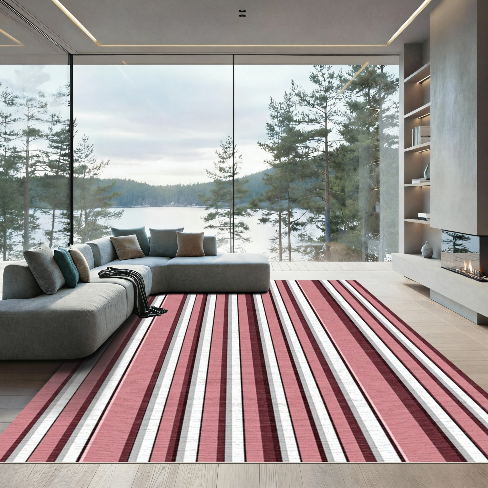 Deep Rose White Gray Stripe Rug