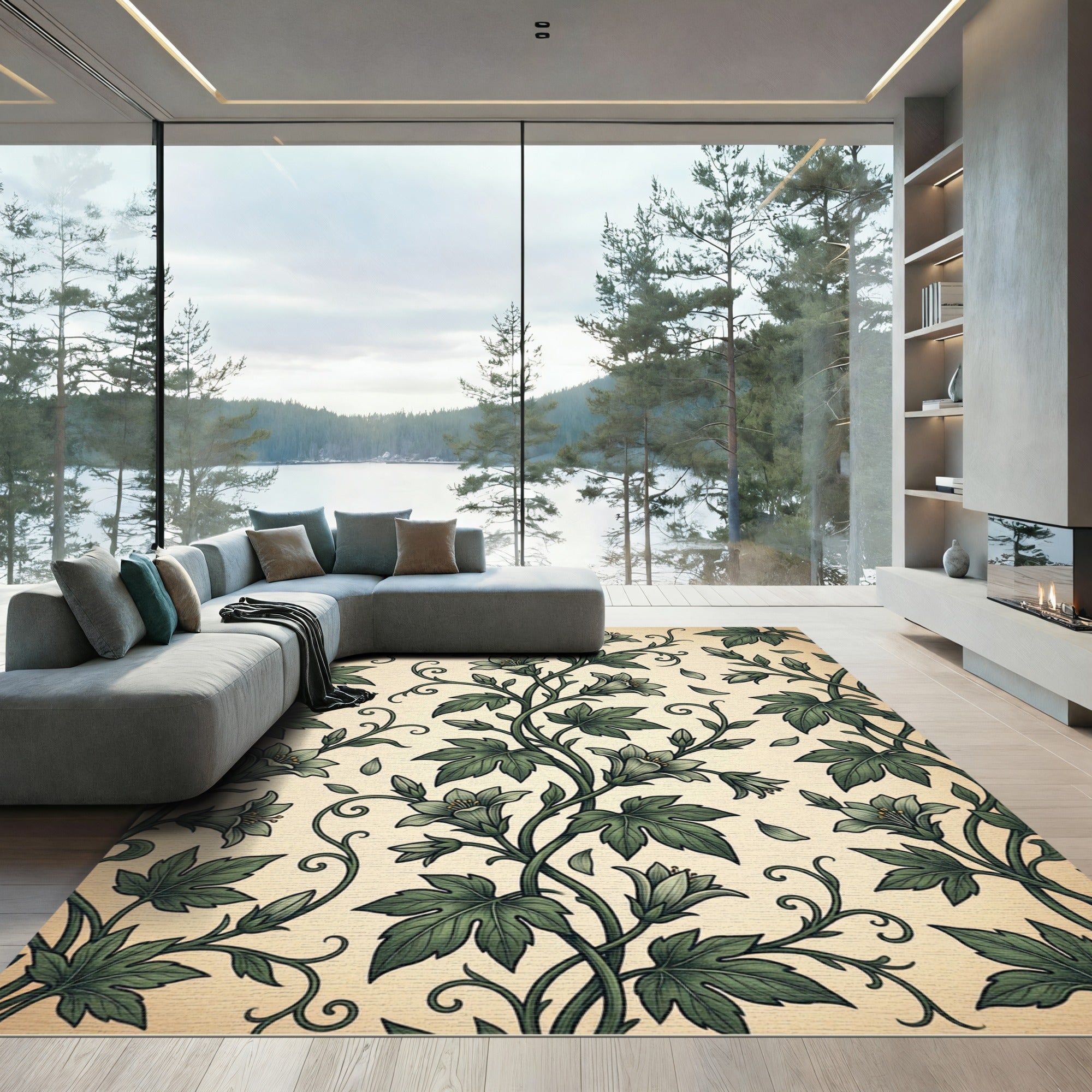 Sage Green Vintage Botanical Vine Illustration Rug