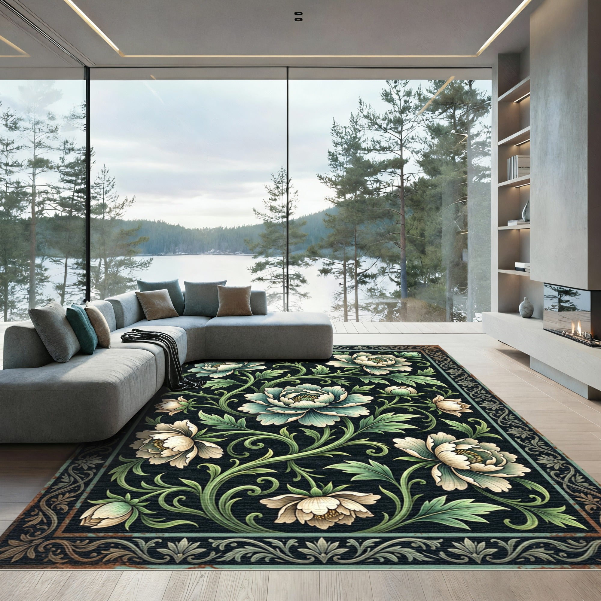 Aqua White Peony Floral Scroll Rug