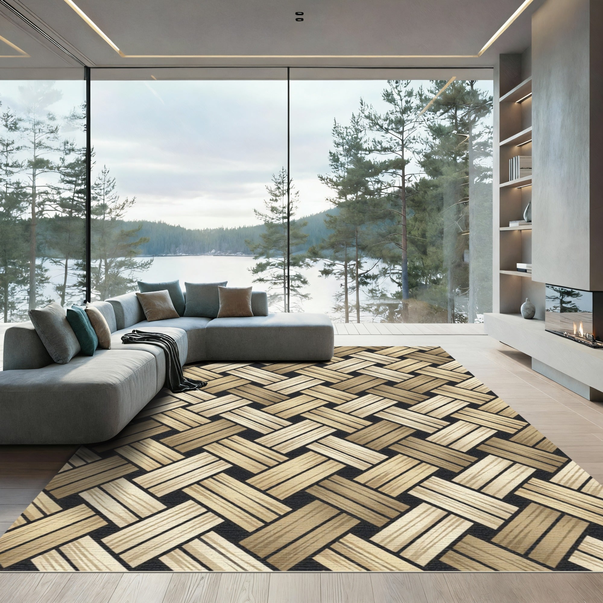 Beige Woven Basketweave Diagonal Grid Rug