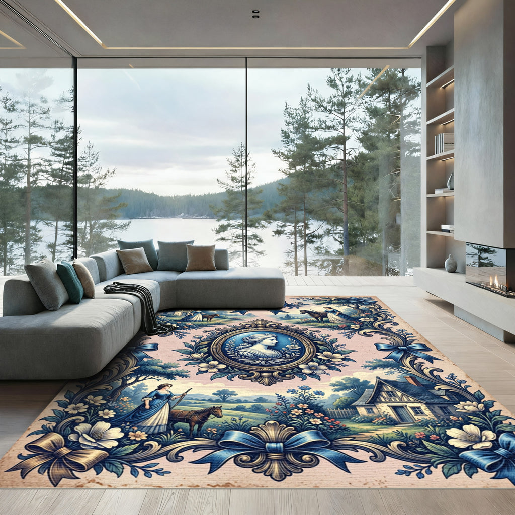 Colonial Blue Floral Cameo Narrative Rug