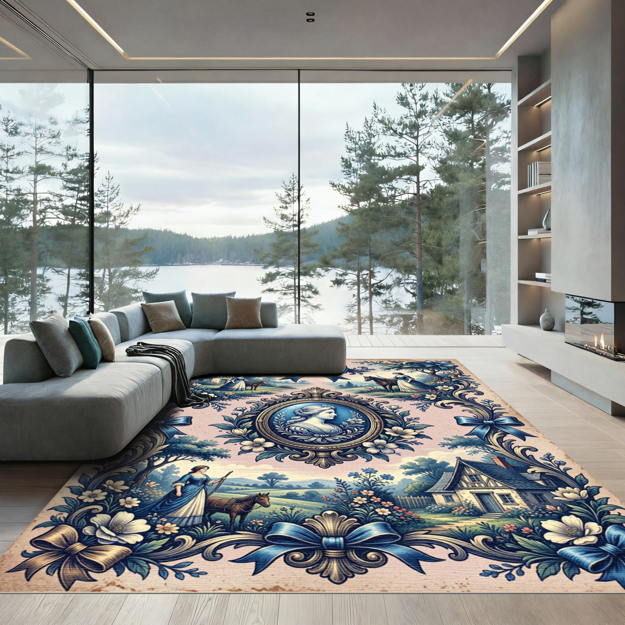 Colonial Blue Floral Cameo Narrative Rug