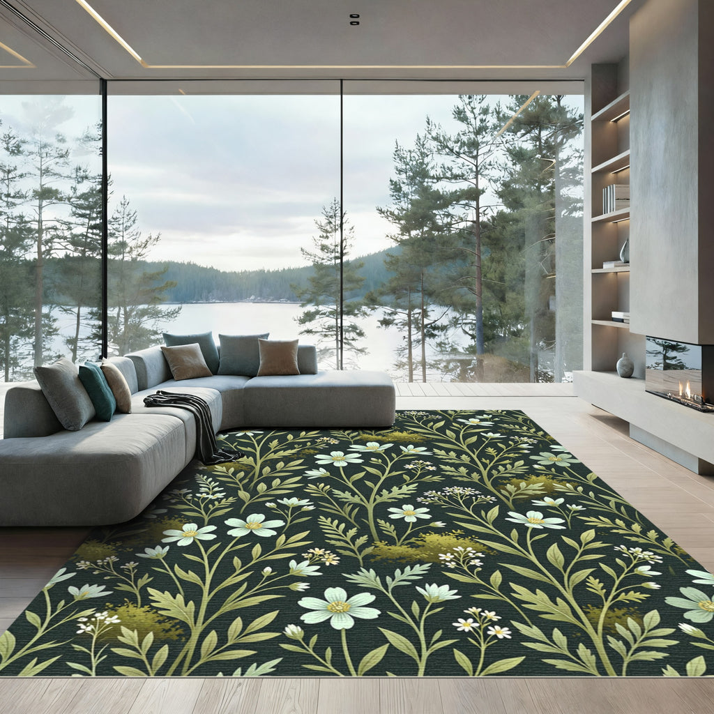 Dark Floral Garden Greenery White Flowers Rug