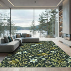 Dark Floral Garden Greenery White Flowers Rug