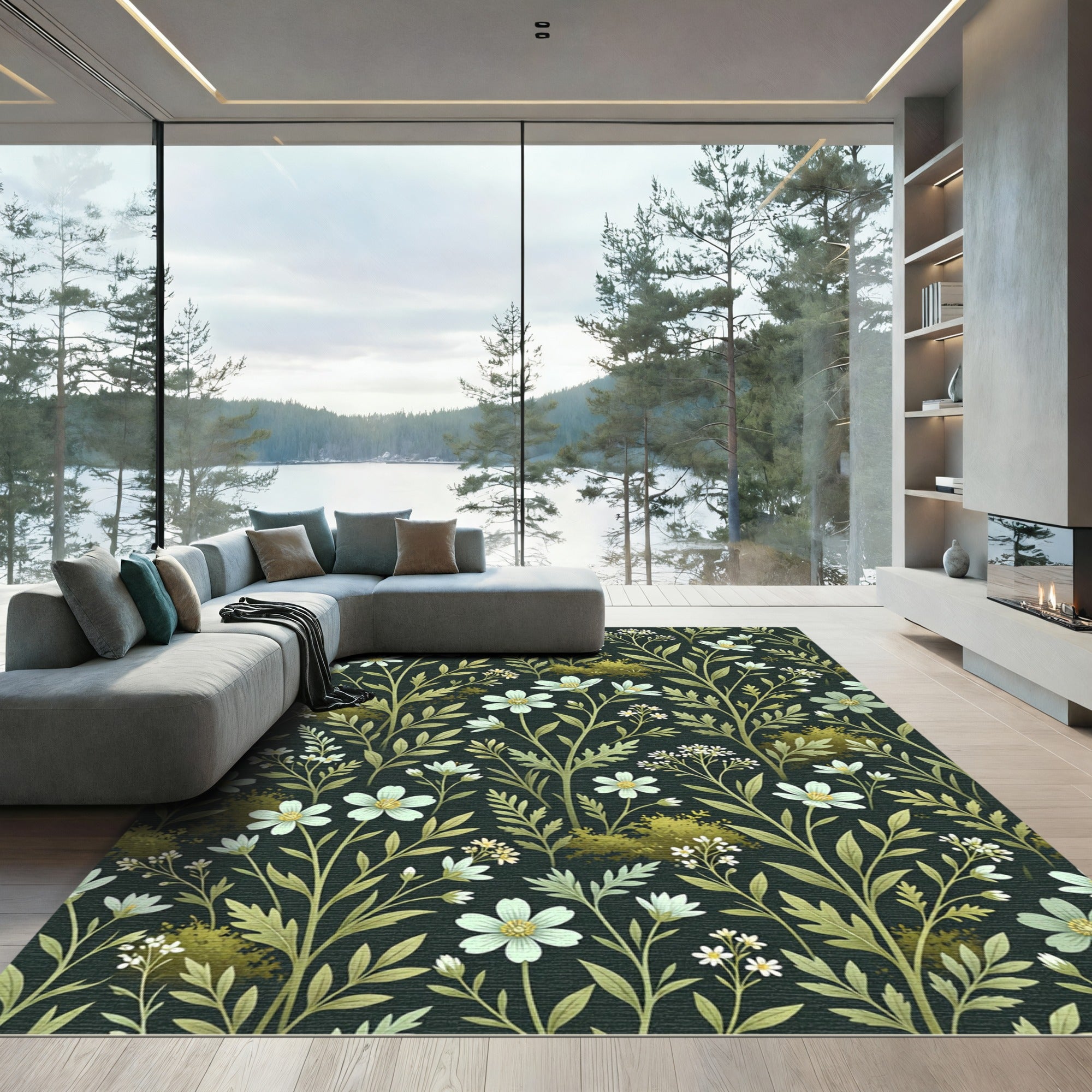 Dark Floral Garden Greenery White Flowers Rug