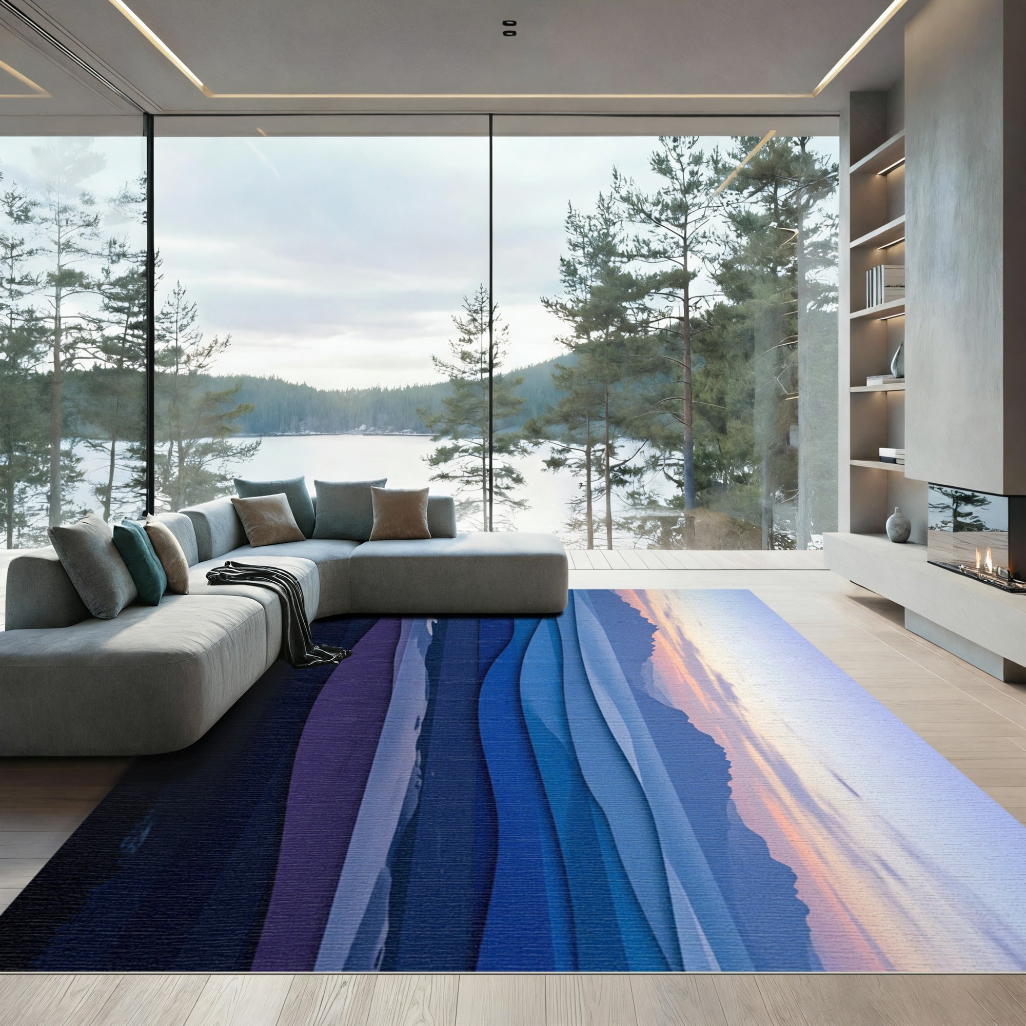 Layered Blue Mountain Sunset Abstract Rug