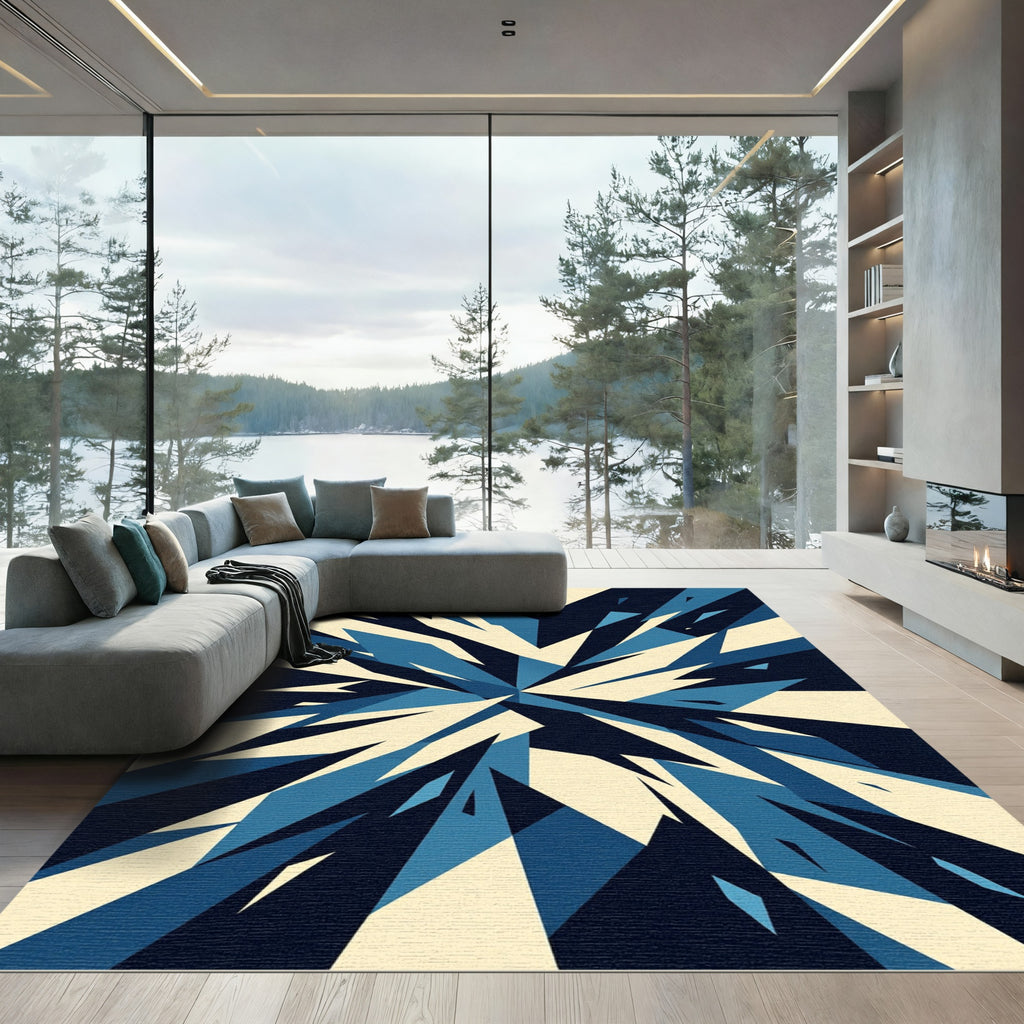 Sharp Blue Cream Geometric Burst Rug