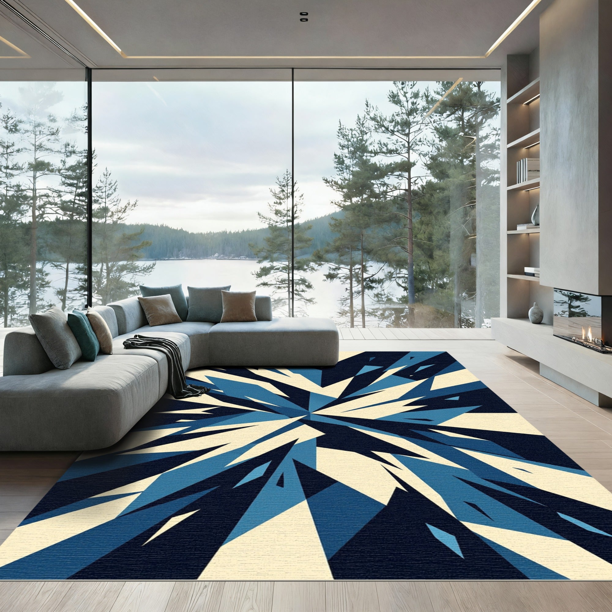Sharp Blue Cream Geometric Burst Rug
