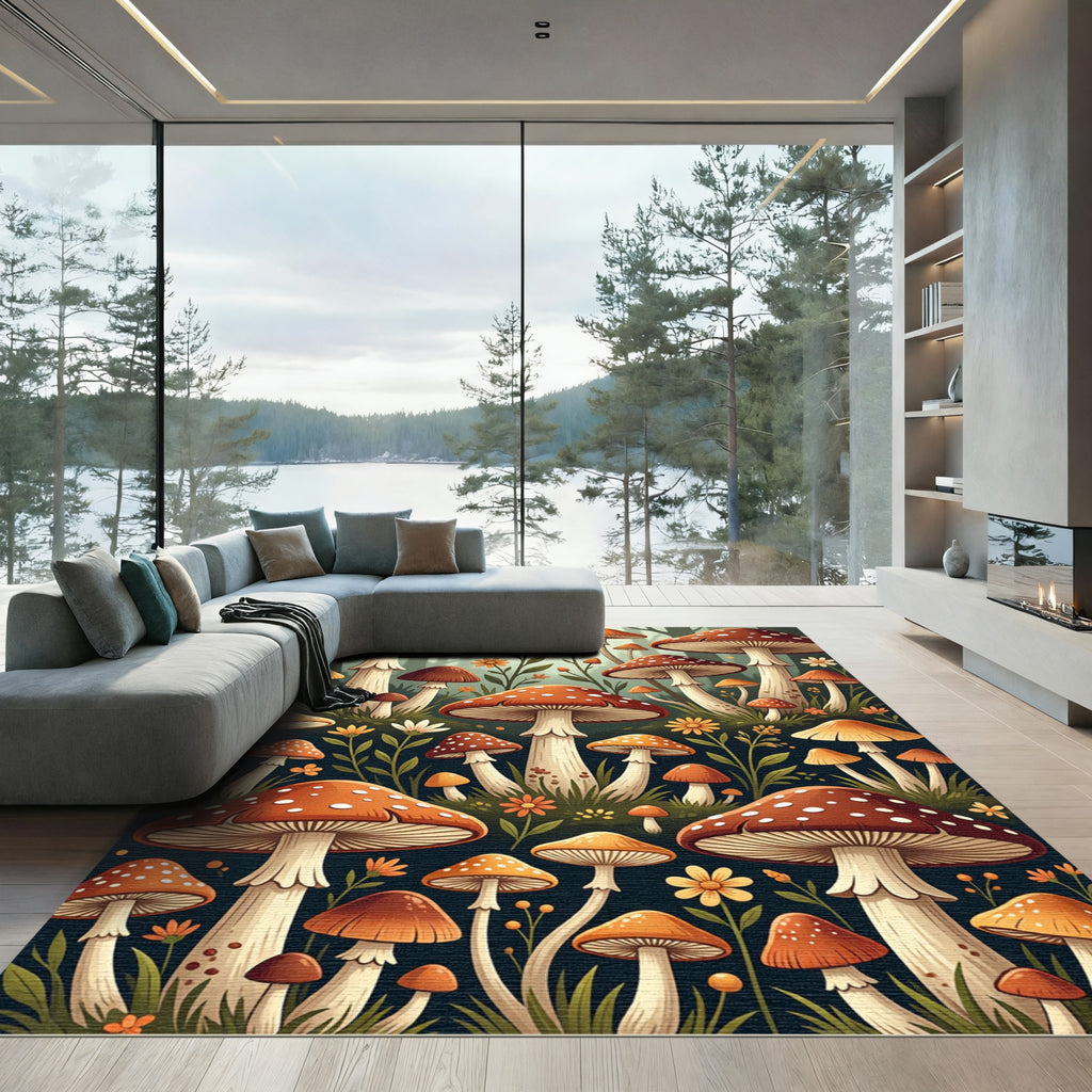 Whimsical Autumn Mushroom Forest Meadow Rug