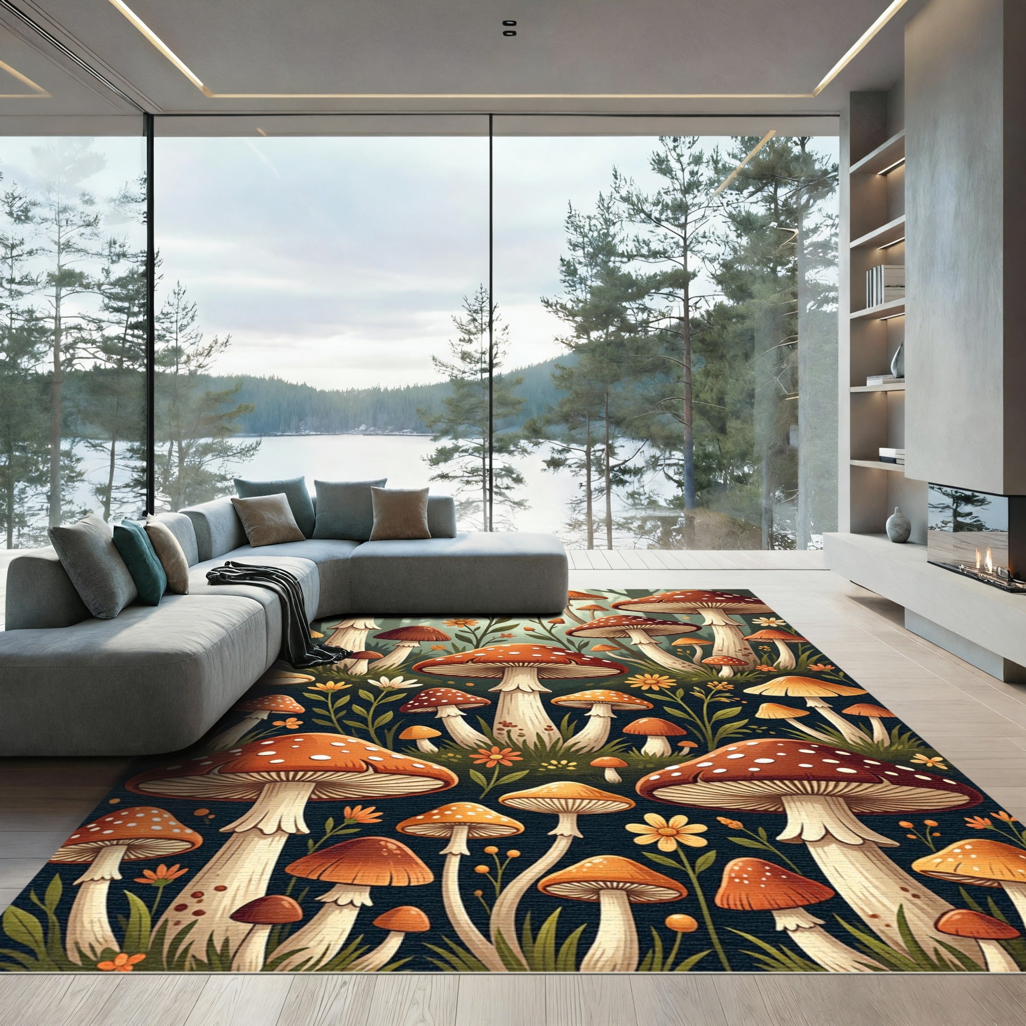 Whimsical Autumn Mushroom Forest Meadow Rug