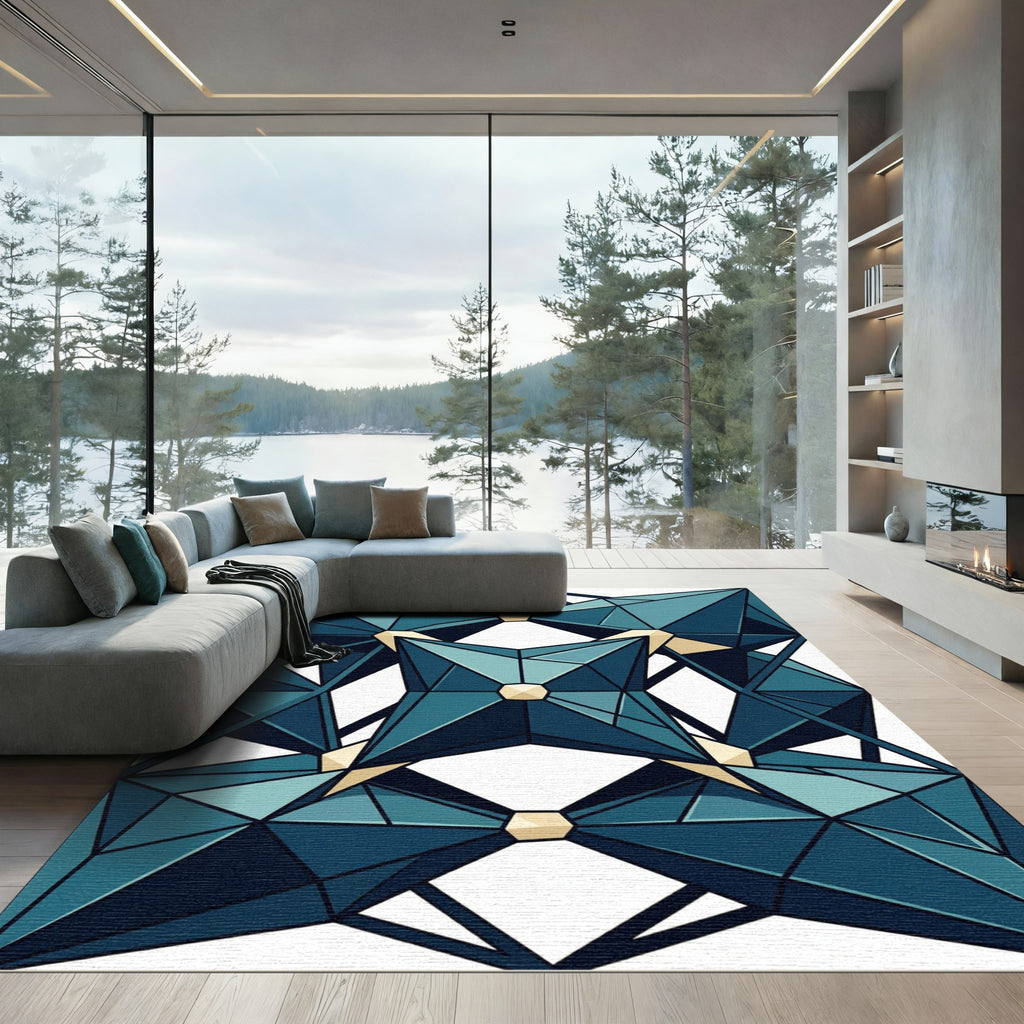 Geometric Teal Crystal Facet Symmetry Rug
