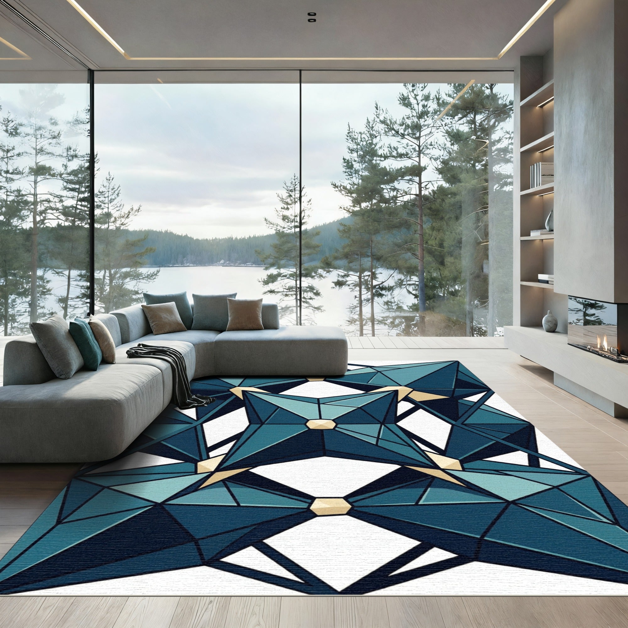 Geometric Teal Crystal Facet Symmetry Rug