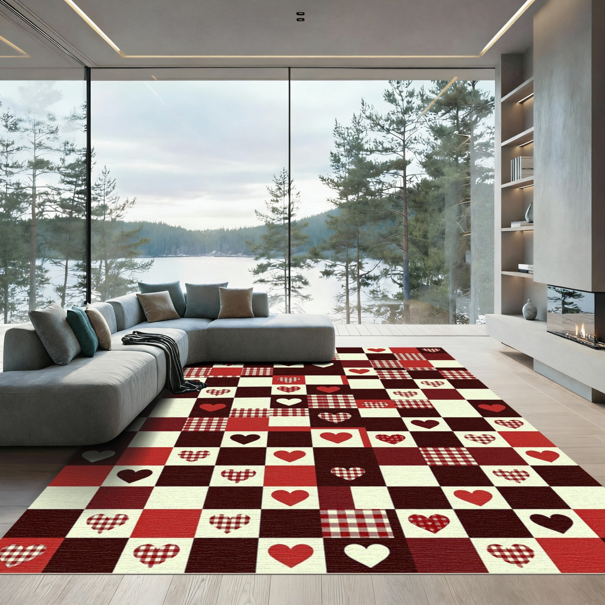 Red White Buffalo Check Heart Checkerboard Rug