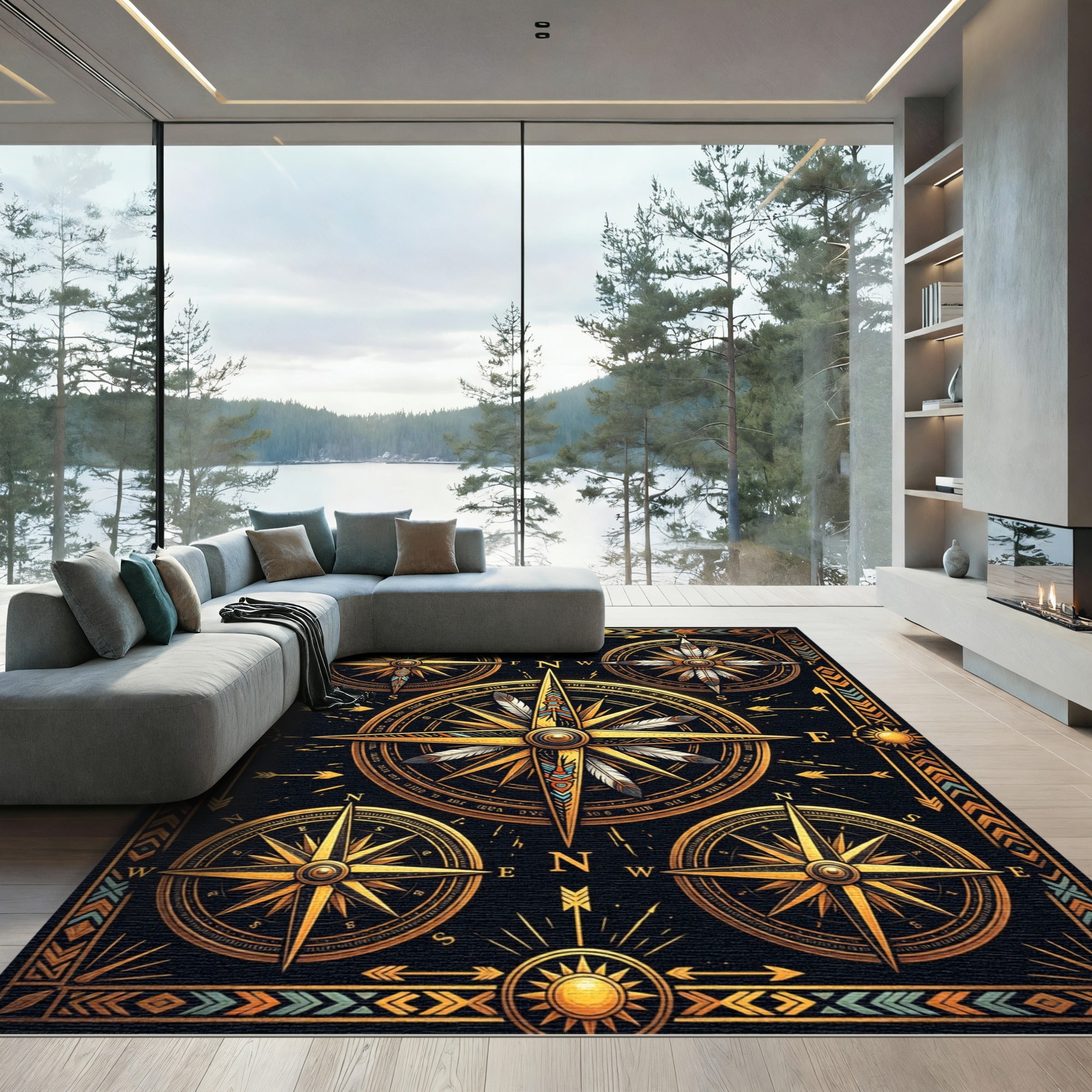 Golden Celestial Compass Boho Art Rug