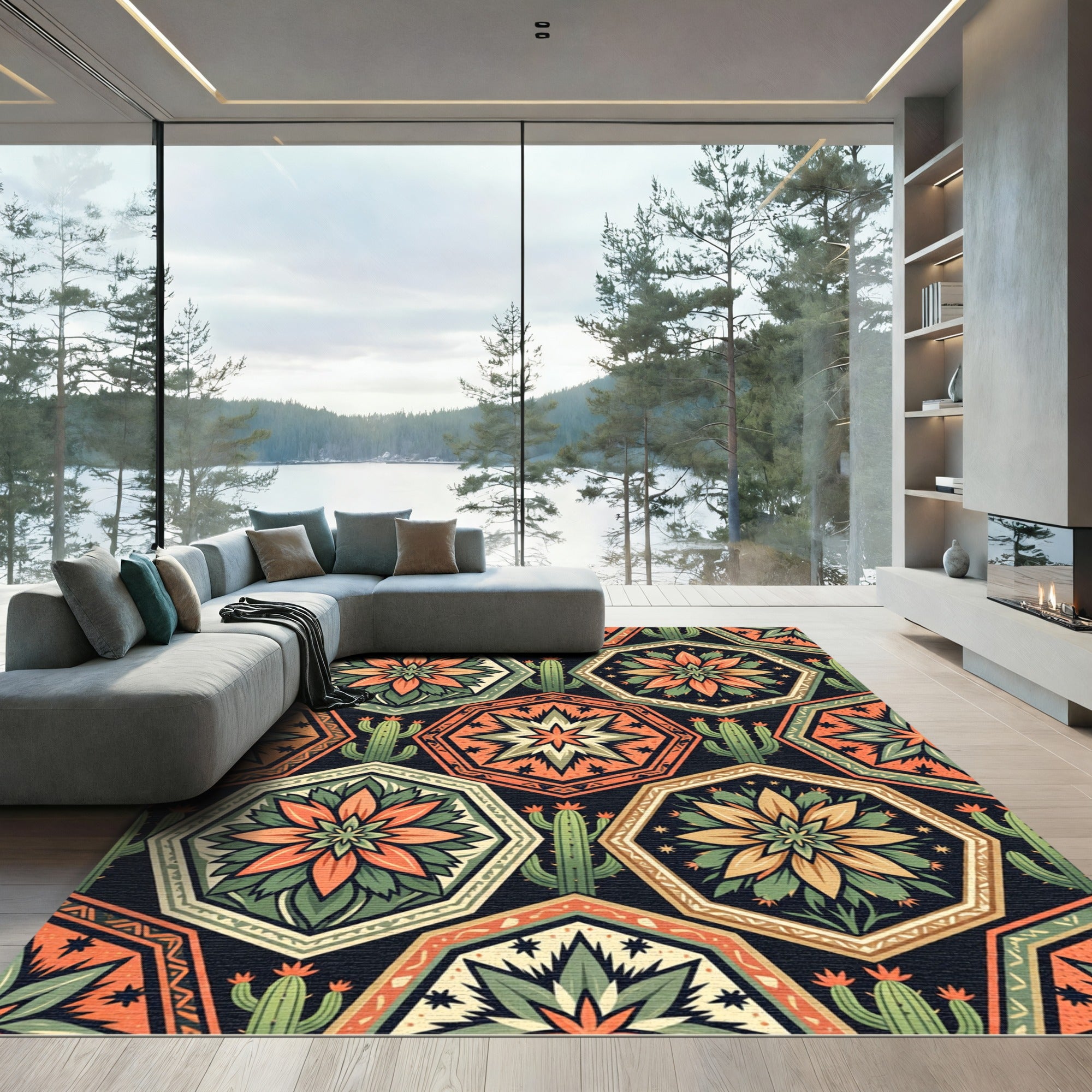 Southwestern Sun Cactus Geometric Medallion Rug