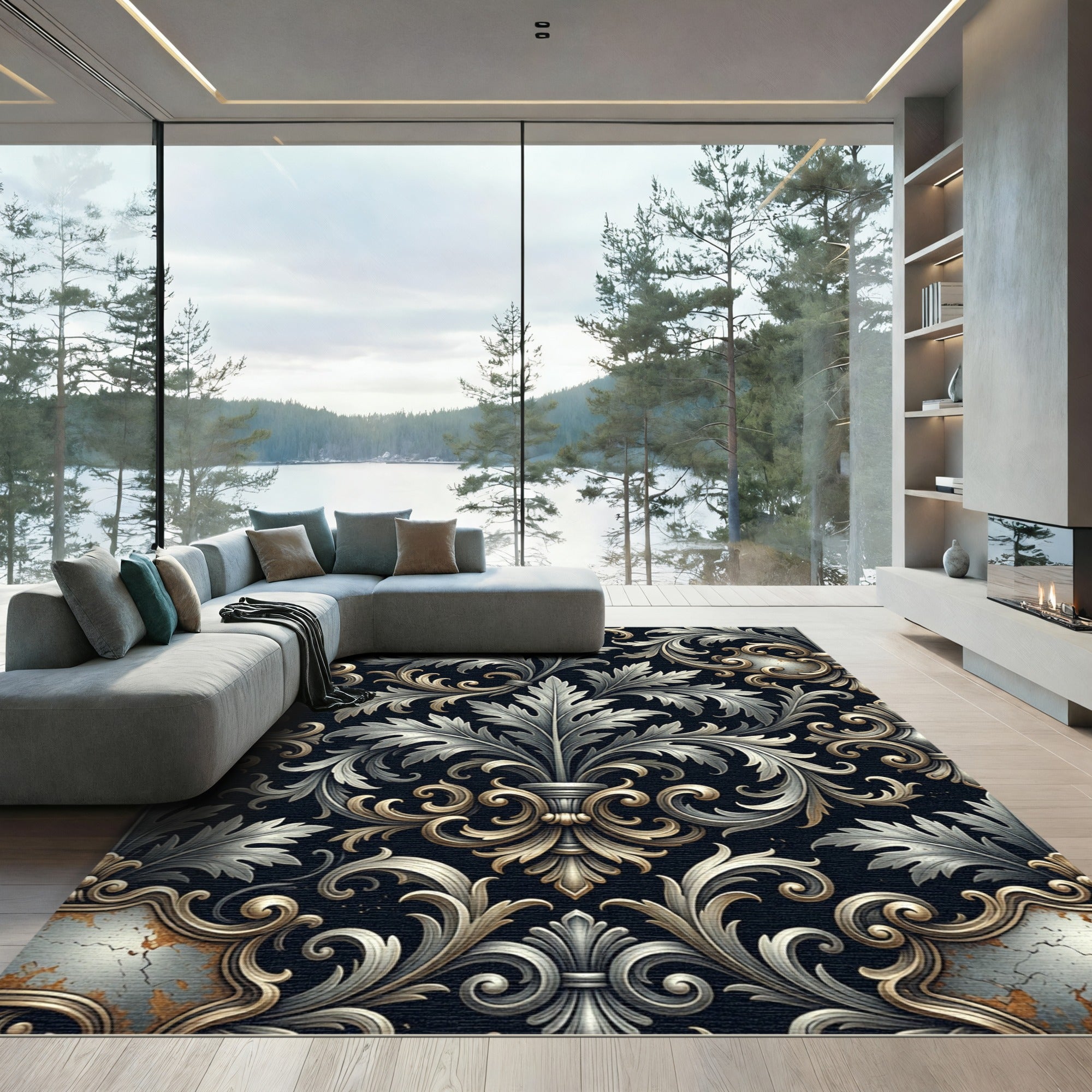Ornate Silver Gold Acanthus Scroll Rug