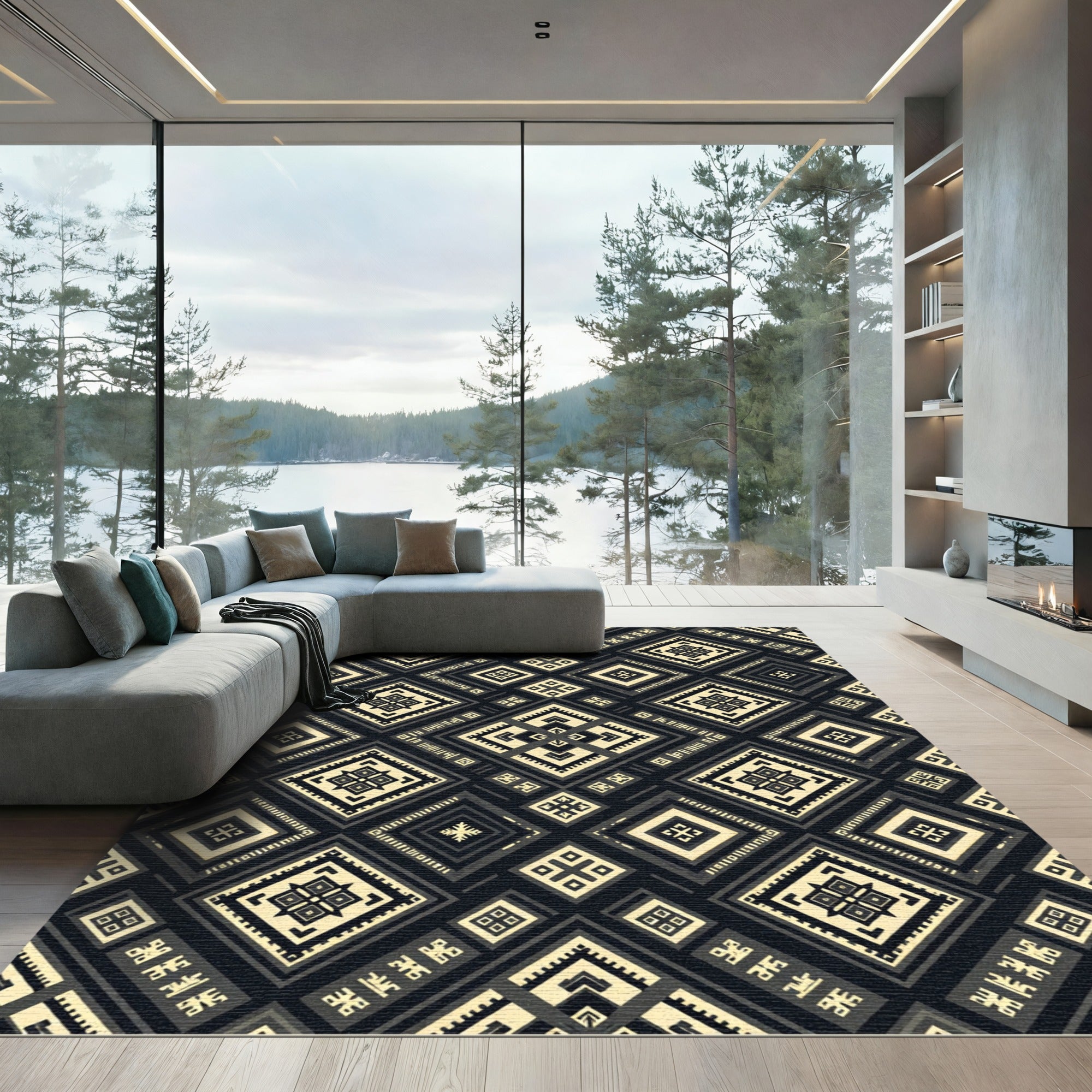 Geometric Monochrome Diamond Aztec Art Rug