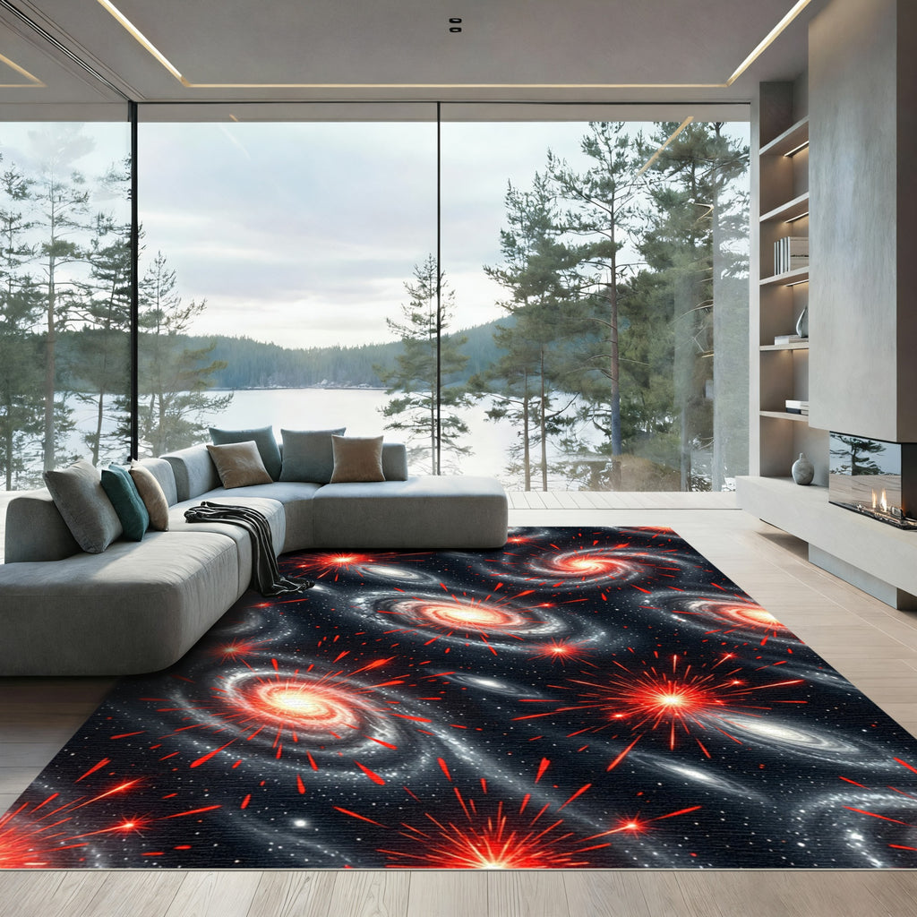 Cosmic Red Swirl Galaxy Night Rug