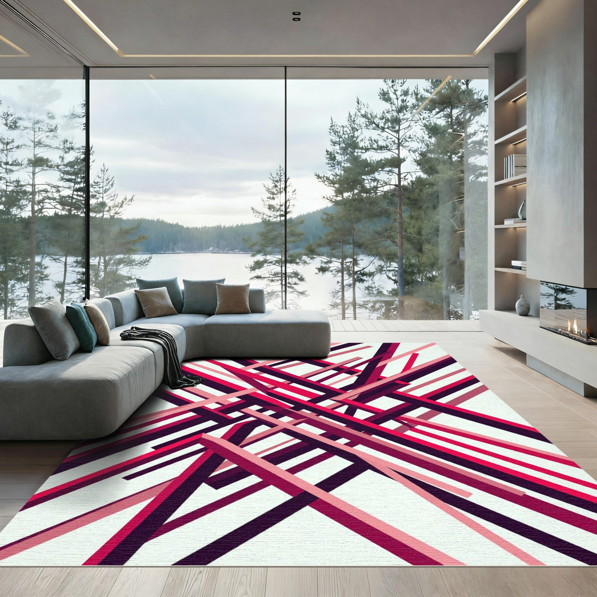 Modern Crimson Angular Geometric Line Art Rug