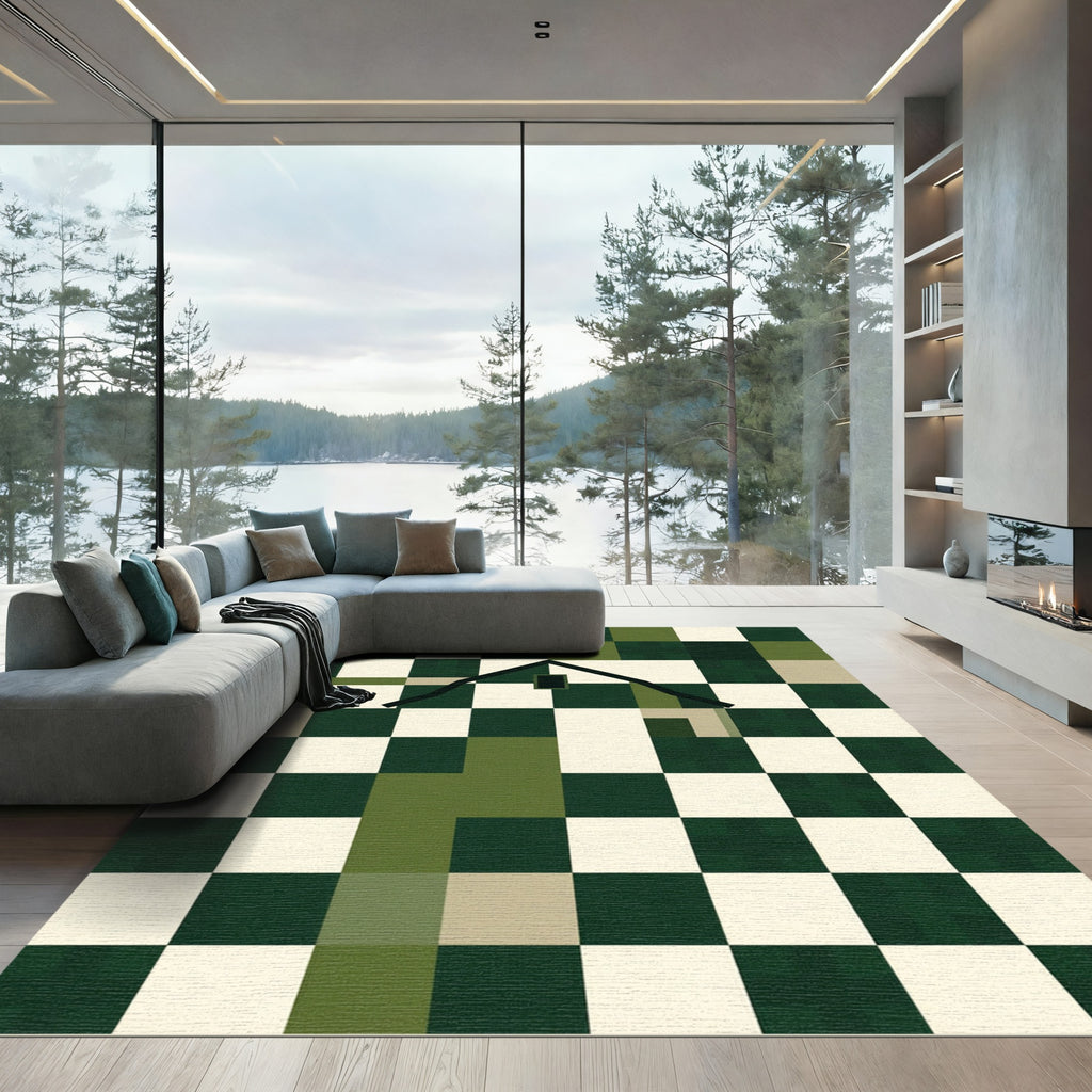 Geometric Forest Green Checkered House Rug