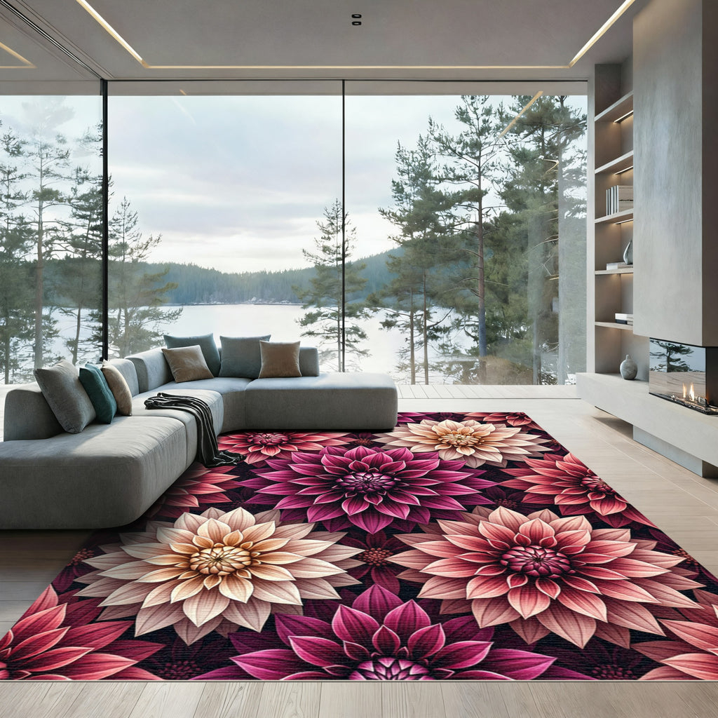 Vibrant Crimson Pink Dahlia Arrangement Rug