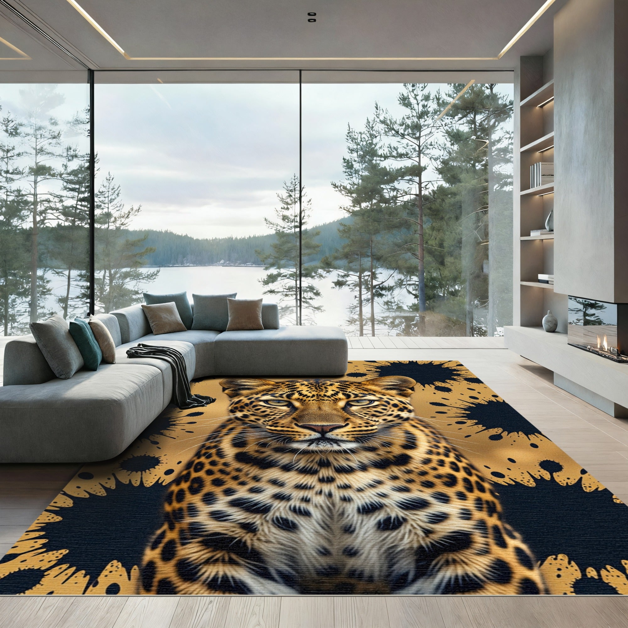 Golden Leopard Splatter Court Rug