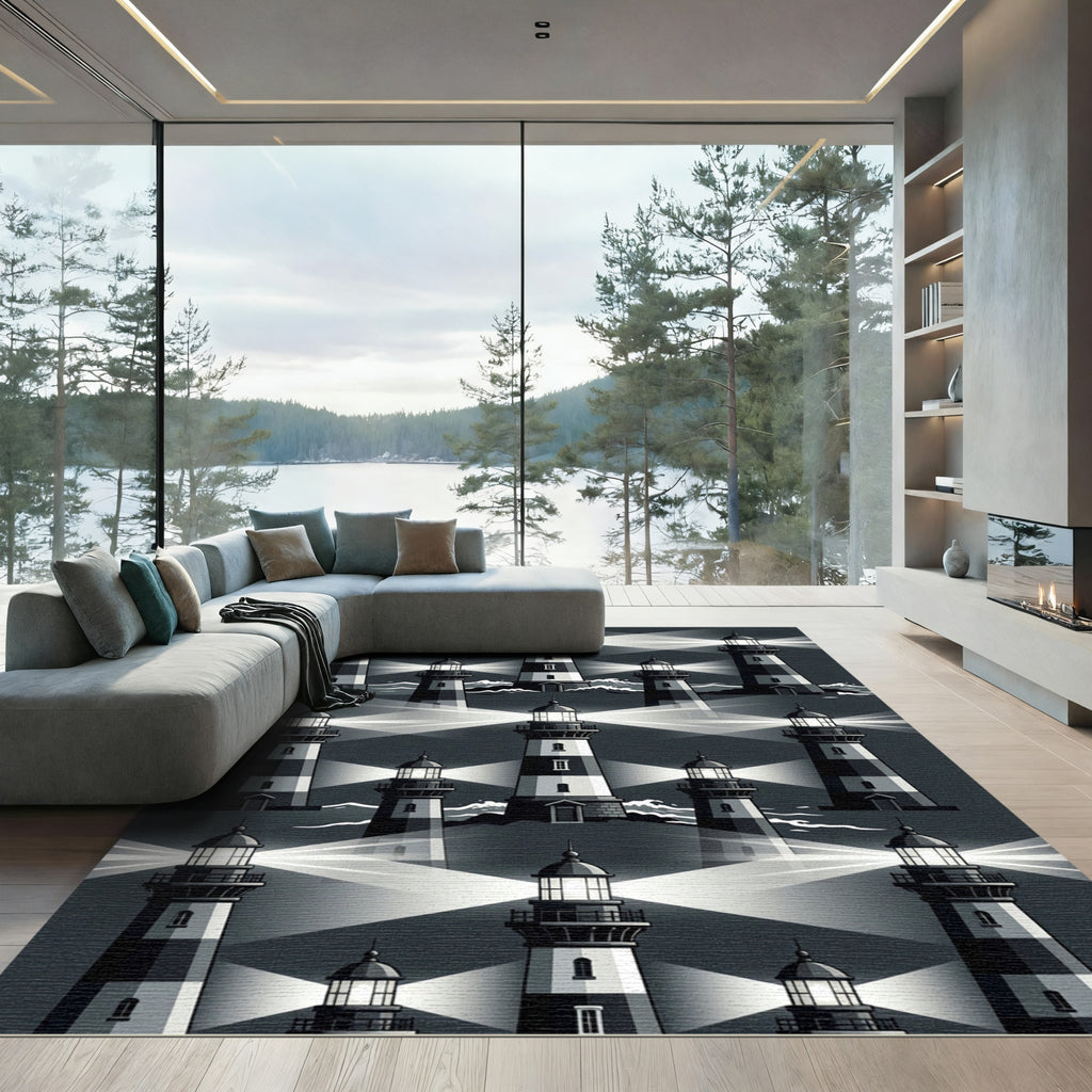 Monochromatic Lighthouse Coastal Pattern Rug