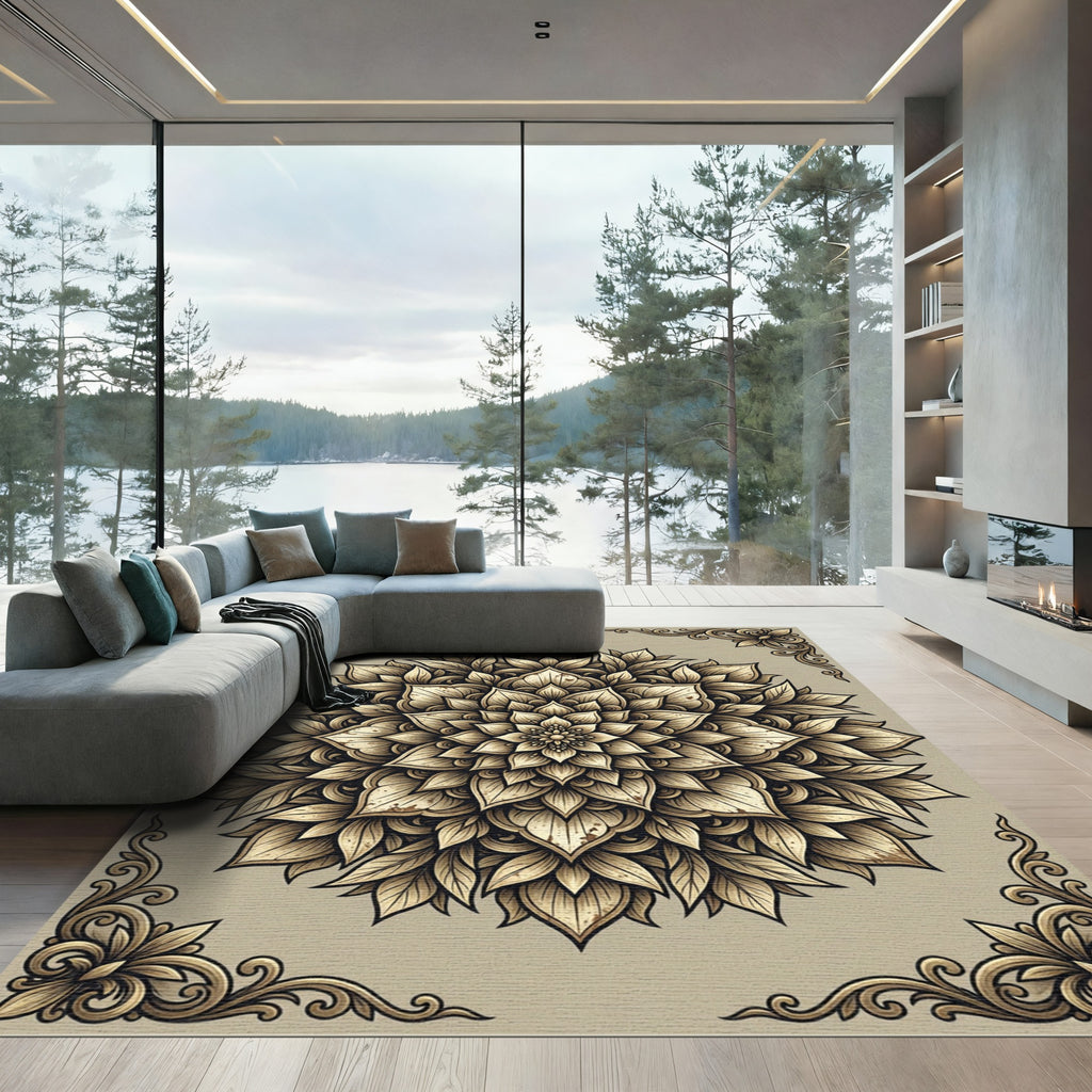 Beige Floral Mandala Ornate Medallion Rug