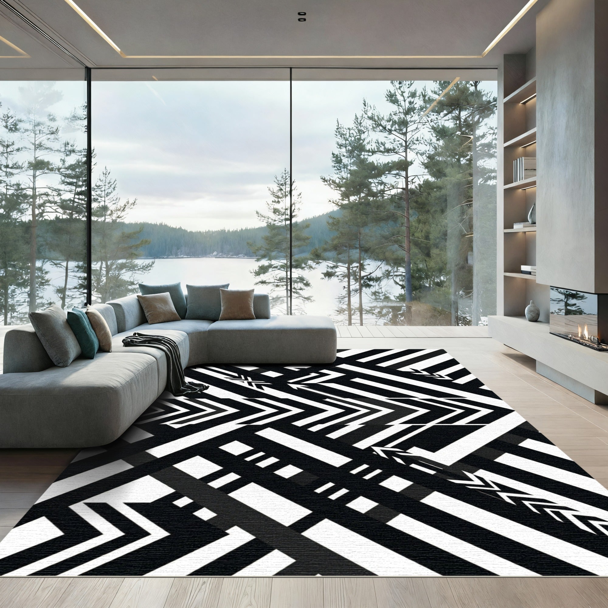 Bold Black White Arrows Geometric Rug